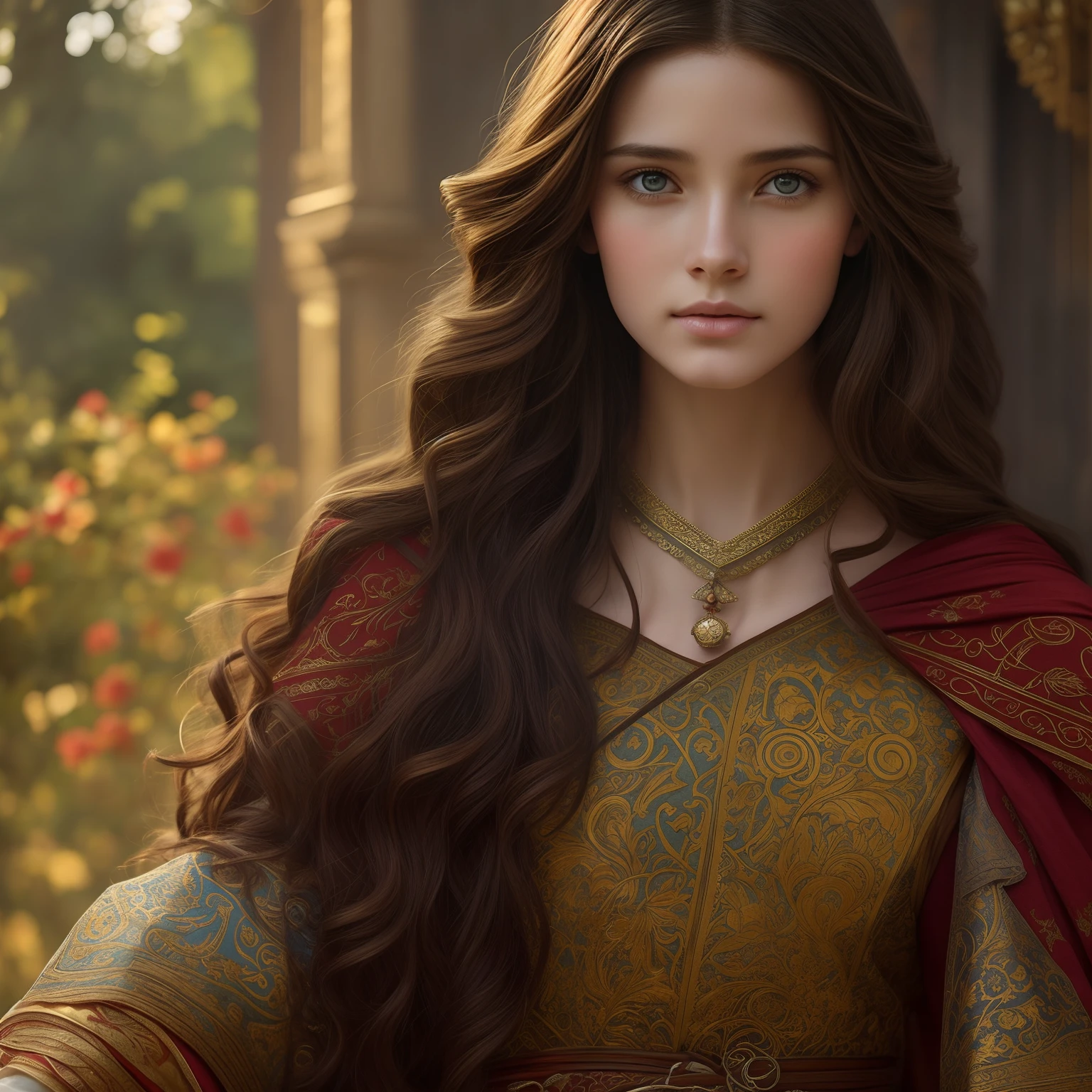 A girl on the cover of an antique novel,Brunette hair and red mask,golden decorations,silver trinkets,blood stain,Beautiful characters,Dark cyan tunic,Yellow tunic,ellegance,mistic,knowledge,Dignified posture,Intricate patterns,Natural pattern,Celestial motifs,Deep contemplation,Majestic cloak,Luxurious fabrics,Swirling pattern,Magical atmosphere,harmonious color palette,carismatic,wisdom。Quadractal,warm color,best qualtiy,tmasterpiece,A high resolution,realisticlying,复杂,Rich background painting,Andrew Atroshenko,artwork in the style of Andrew Atroshenko,Brunette God,Alexander Averin,epic exquisite character art,stunning character art,Jules Bastian-Lepage,on pixiv artstation