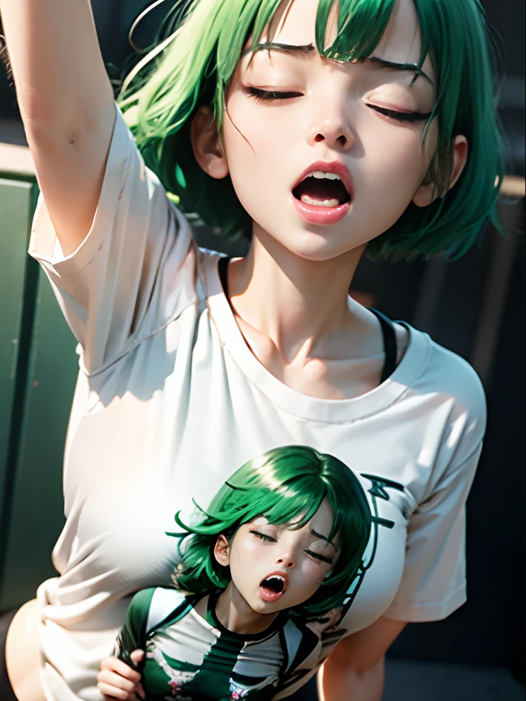 Green hair、1girl in ( Screaming),Reaching the climax:1.0,Close eyes, short-cut、masutepiece、Bottoms are randomly generated、（ Skeleton illustration printed shirt、blanche ）、Background bokeh:1.5