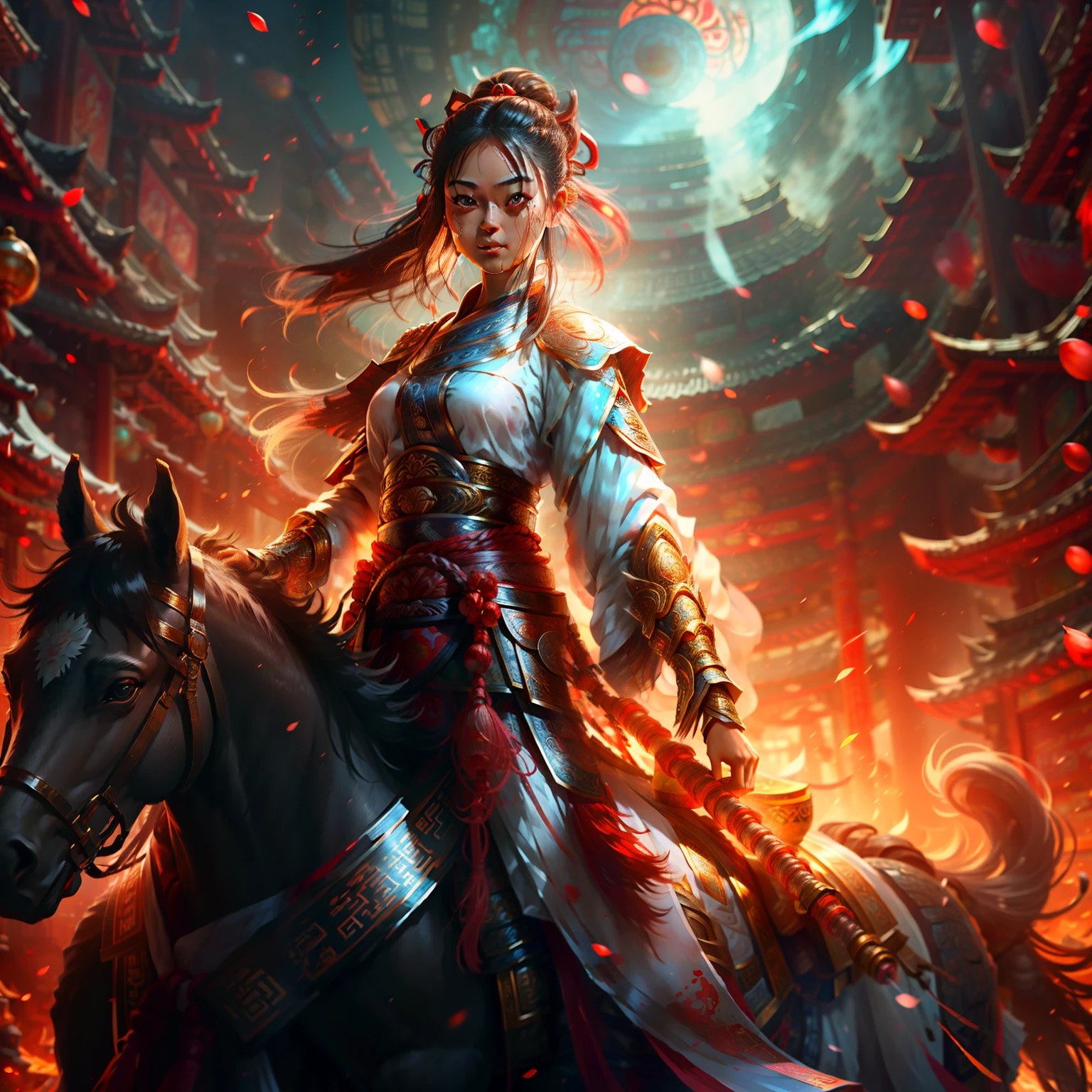 A beautiful Chinese girl on a horse，Apricot eyebrows，Smile confidently，Slightly bloodstained on his face。The girl saber at her waist，Bundle high ponytail，The hair is black，No hair ornaments on the head，Wearing black Hanfu，Hanfu style is simple，Wear armor。Girl in winter ancient Chinese battlefield，There are tall mountains in the distance
