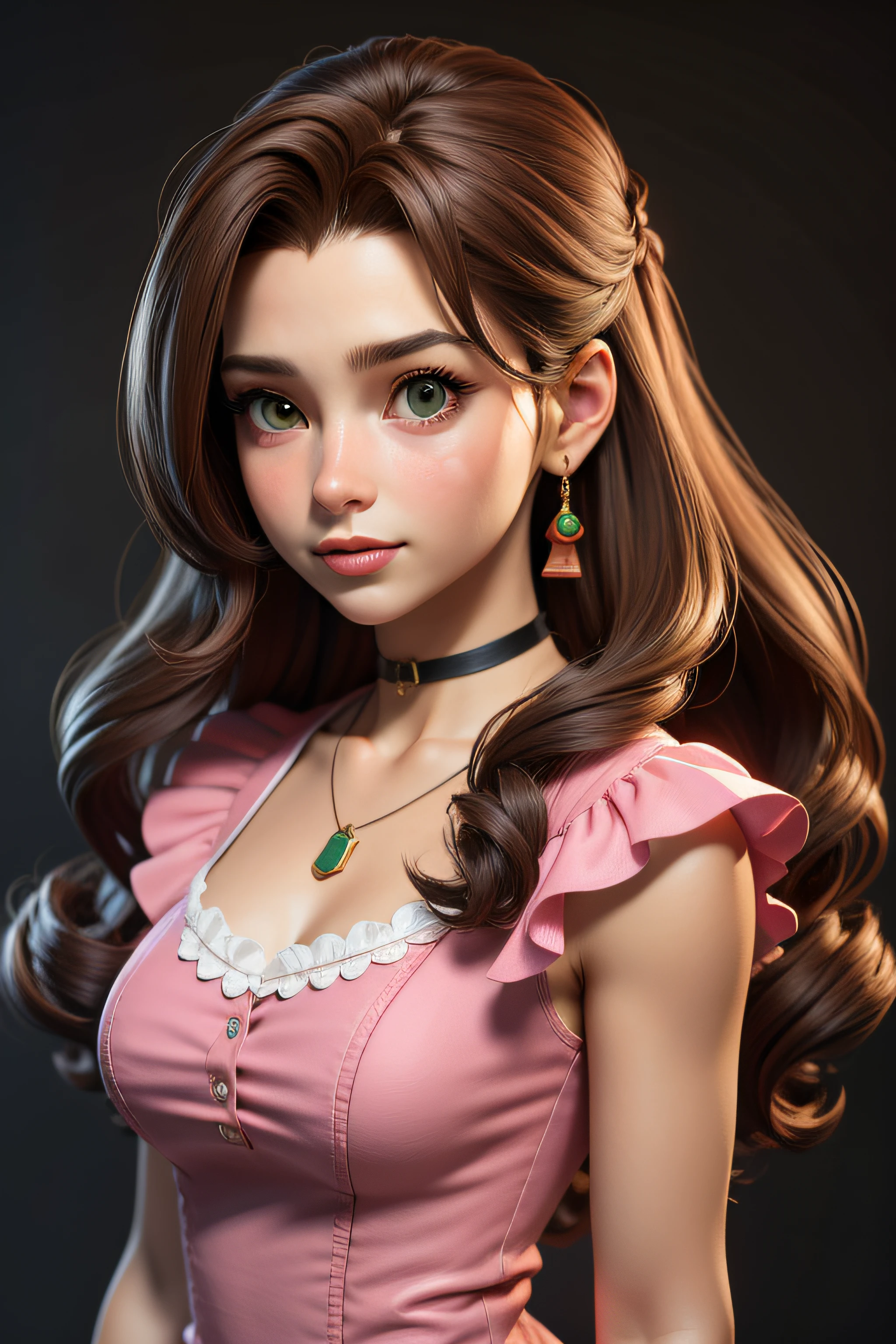 masterpiece, best quality,3d rending work ,3DMM style,close-up,portrait, 3D,1girl, solo, brown hair, string necklace, looking to the side, realistic, upper body, simple background, bangs, looking away, long black hair, parted lips, choker, makeup, long brown curly hair, green eyes, pink dress, cleavage, aerith gainsborough, aerith