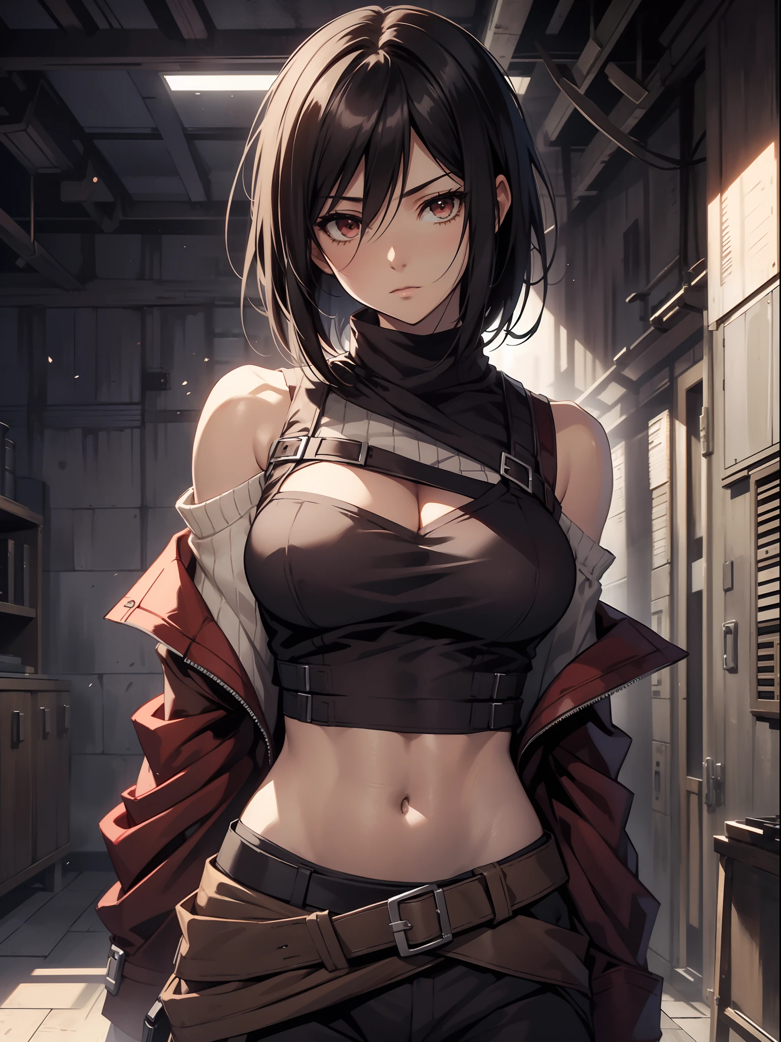 Mikasa_ackerman，solo person，byself，Off-the-shoulder clothing，muscline，cleavage，nabel，open waist，Abs，Vest line，Off-the-shoulder attire，