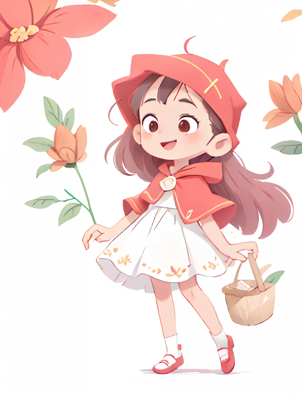 Draw a cartoon girl with a basket and a red hooded cape standing on a delicate shoe, cabelo solto longo escuro encaracolado, cabelo cumprido encaracolado,vestindo vestido  delicado rodado com avental branco estilo camponesa, chapeuzinho vermelho, Chapeuzinho vermelho fofa, Directed by: Veronica Ruiz de Velasco, by Almeida Júnior, inspirado em Claire Hummel, Directed by: Emma Rios, ****** bonita sorridente, Directed by: Márta Lacza,  desenho infantil chapeuzinho vermelho  estilo 2d, arte fofa em 2d, desenho de fundo cutie, flores amarelas e vermelhas,  Caminhando na floresta com cabana.