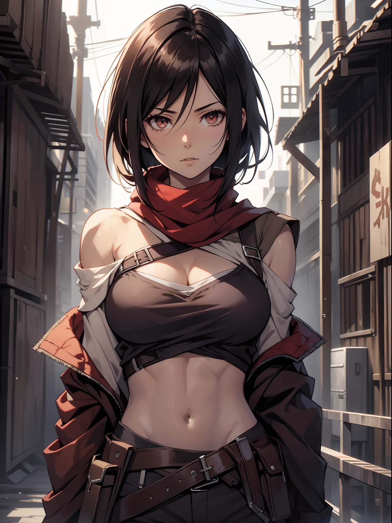 Mikasa_ackerman，solo person，byself，Off-the-shoulder clothing，muscline，cleavage，nabel，open waist，Abs，Vest line，Off-the-shoulder attire，