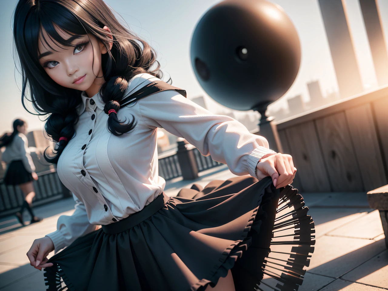 black hair, hair bobbles, longeyelashes, solid circle eyes, light smile, JK skirt, Surrealism, drop shadow, anaglyph, stereogram, tachi-e, pov, atmospheric perspective, 8k, super detail, ccurate, best quality
