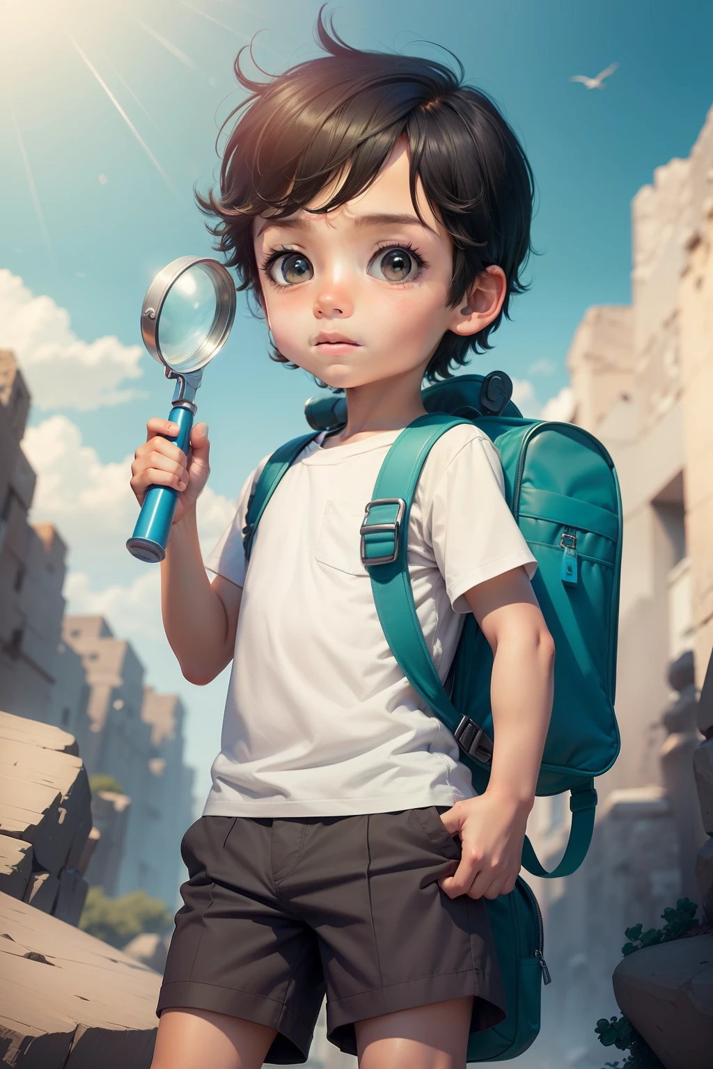 Draw in cartoon style an adventurous 5--old with a magnifying glass in his hand and a backpack on his back