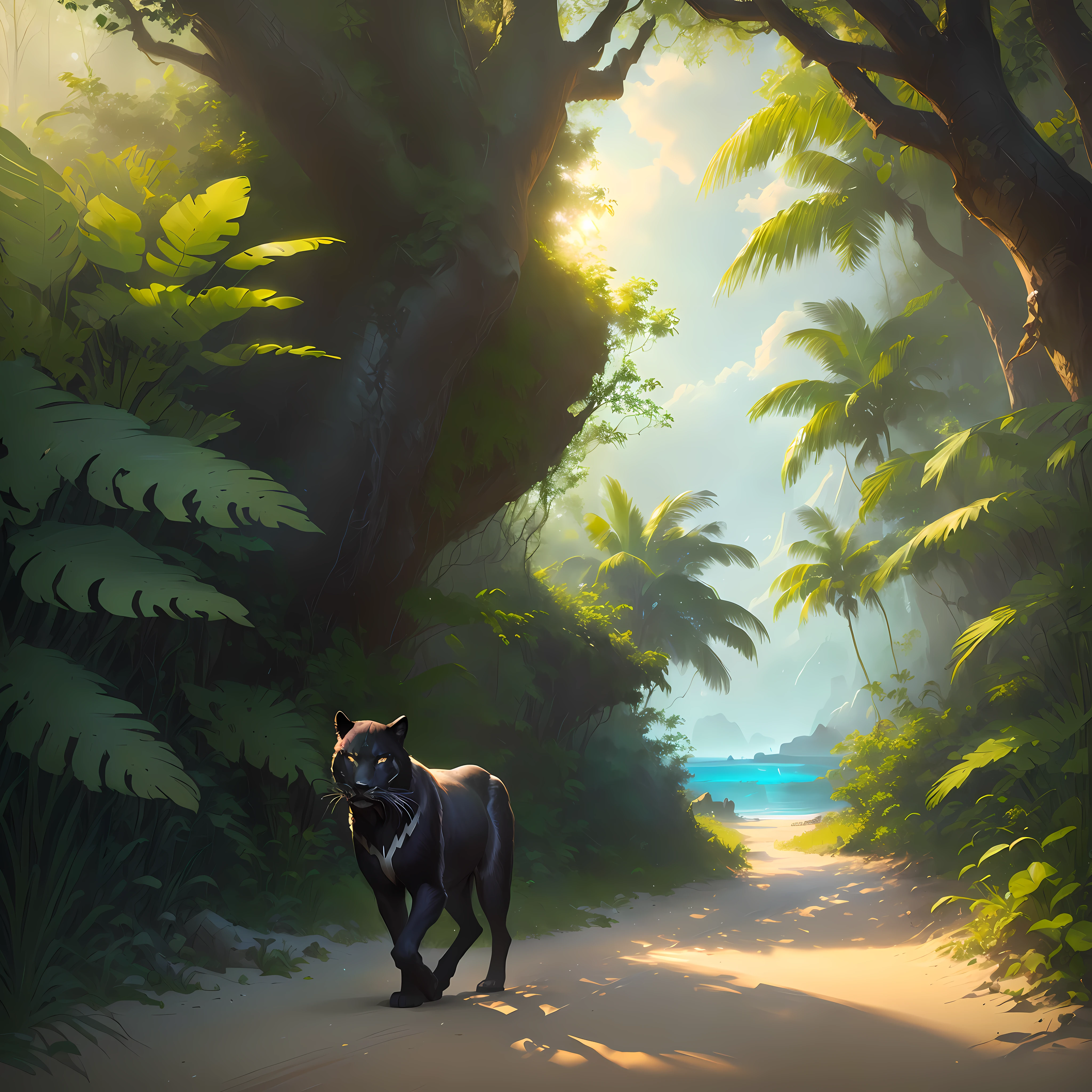 There is a black panther approaching its face in front of you., highly realistic concept art, beautiful 3 d concept art, prowling through the forest, digital painting concept art, Illustration Matte Painting, Highly detailed digital painting, Environmental painting, low details. Digital Painting, realistic fantasy illustration, beautiful concept art, concept art digital illustration, 4k HD Matte Digital Paintings, beautiful digital painting