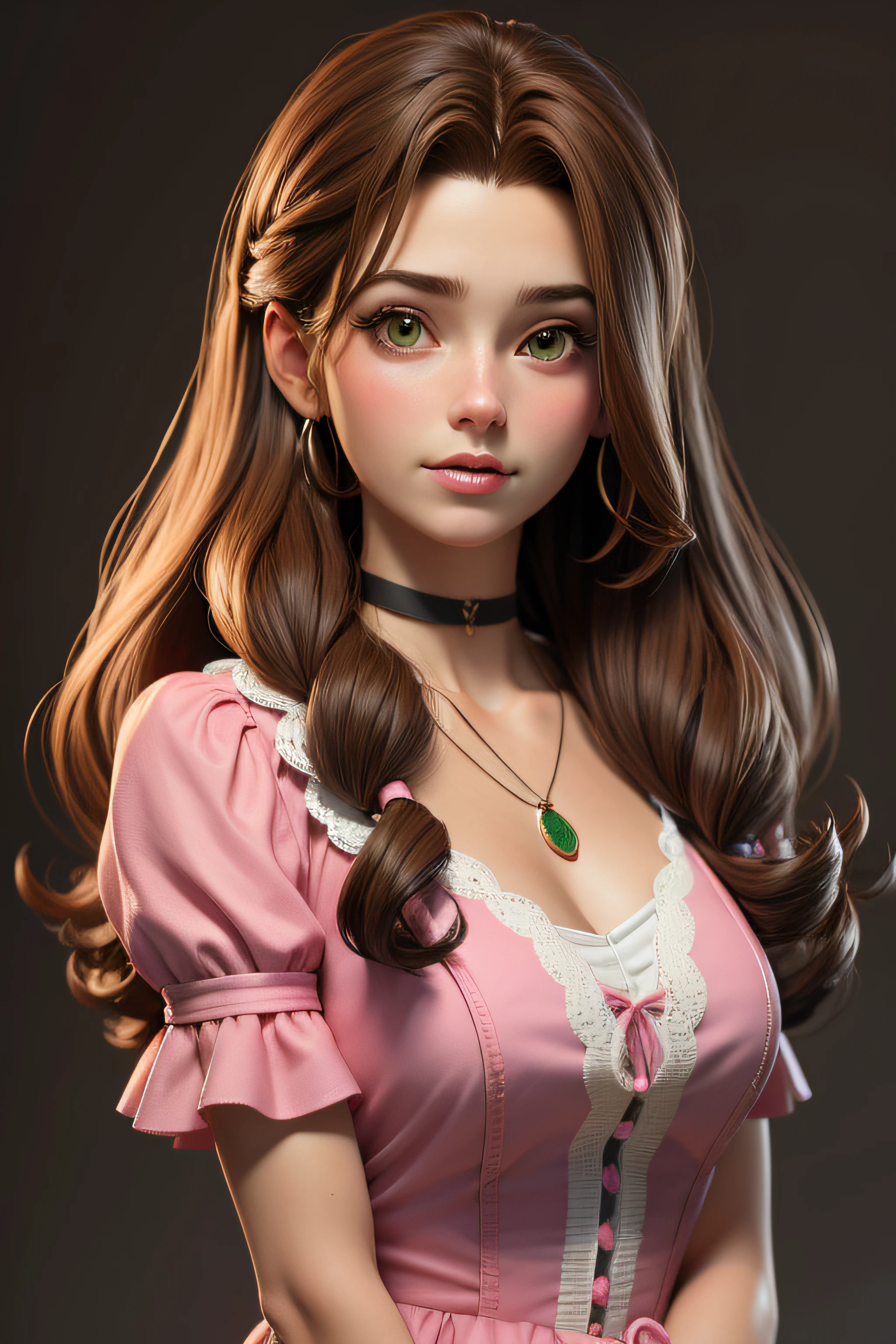 masterpiece, best quality,3d rending work ,3DMM style,close-up,portrait, 3D,1girl, solo, brown hair, string necklace, looking to the side, realistic, upper body, simple background, bangs, looking away, long black hair, parted lips, choker, makeup, long brown curly hair, green eyes, pink dress, cleavage, aerith gainsborough, aerith
