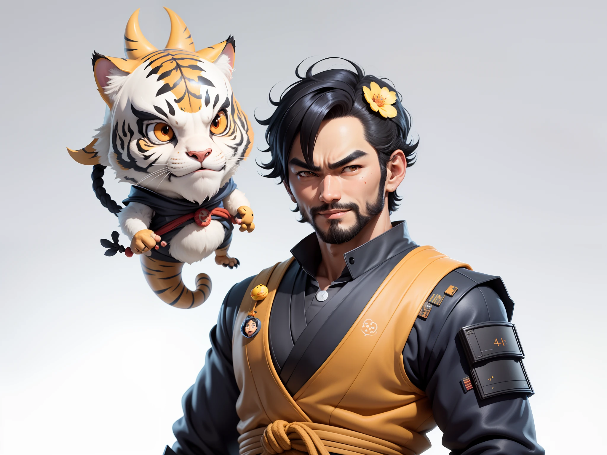 (Daisaku),(Need),(Super meticulous),(full bodyesbian:1.2),Super young man with Japanese geisha,Beautiful,orient,one tiger,Aeolian Thor,Raised sexy,爆乳,Oriental face,TV Anchor,Bust portrait illustration,In black suit,a blue tie,The face is slightly chubby,The face was clean,without a beard,Black super short hair,Black eyes,Smile confidently,3C computer sub-products,iPad, iphone,Digital painting,3D character design by Mark Clairen and Pixar and Hayao Miyazaki and Akira Toriyama,The illustration is a high-definition illustration in 4K resolution,With very detailed facial features and cartoon-style visuals。