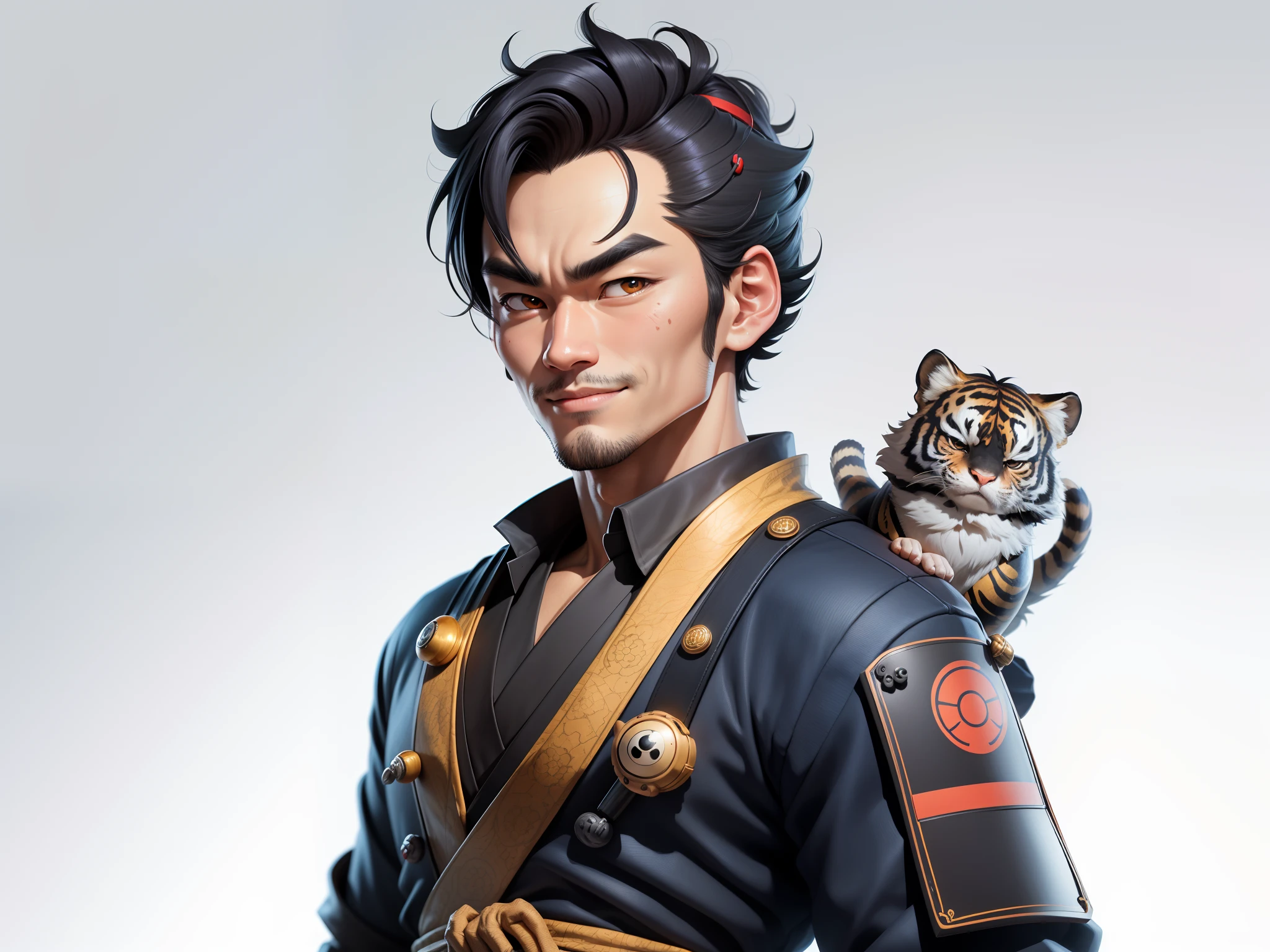 (Daisaku),(Need),(Super meticulous),(full bodyesbian:1.2),Super young man with Japanese geisha，Beautiful，orient，one tiger，Aeolian Thor，Raised sexy，爆乳，Oriental face，TV Anchor，Bust portrait illustration，In black suit，a blue tie，The face is slightly chubby，The face was clean，without a beard，Black super short hair，Black eyes，Smile confidently，3C computer sub-products，iPad， iphone，Digital painting，3D character design by Mark Clairen and Pixar and Hayao Miyazaki and Akira Toriyama，The illustration is a high-definition illustration in 4K resolution，With very detailed facial features and cartoon-style visuals。