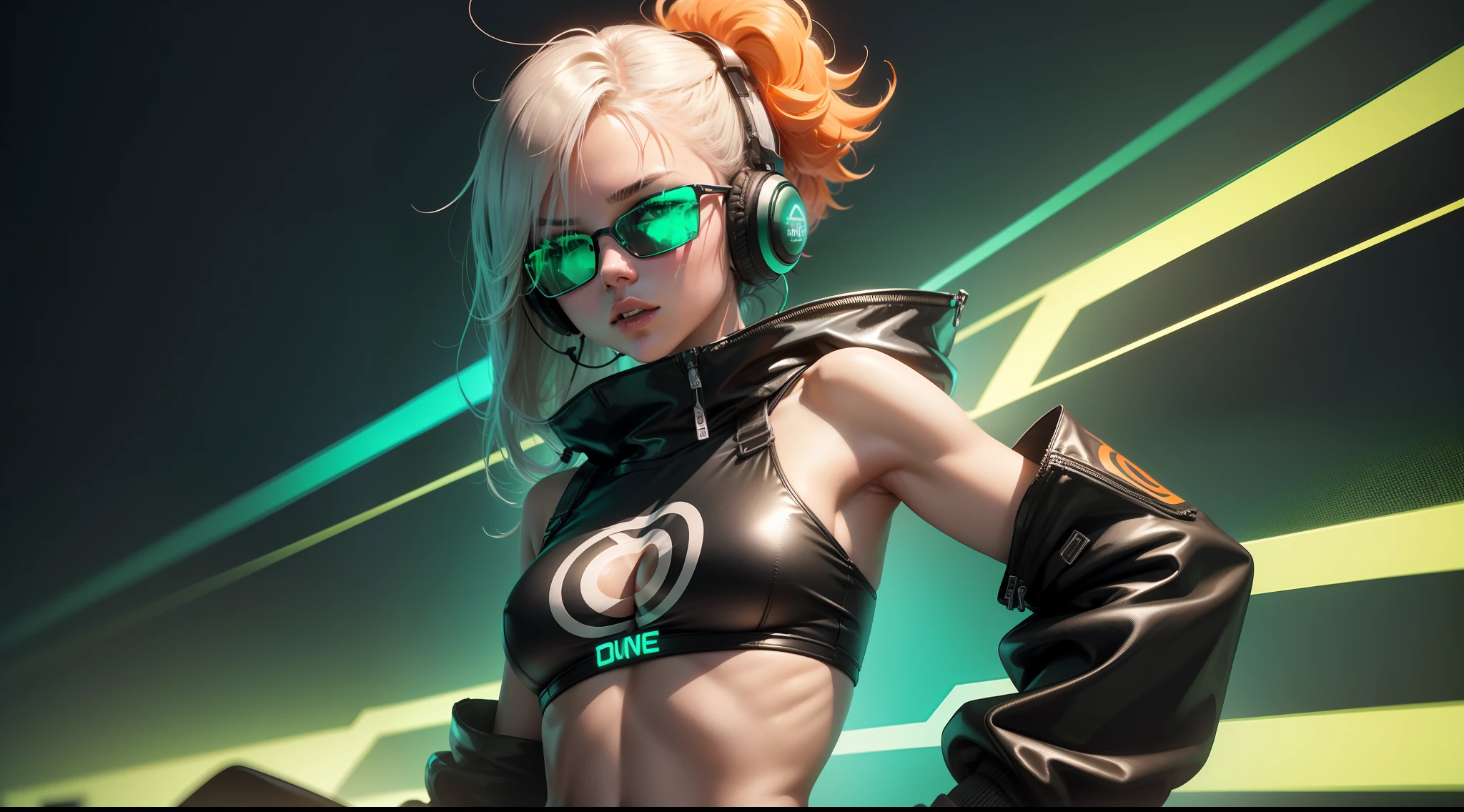 Foreground:
Centered is a cute girl in an edgy stance, one foot forward and her head tilted slightly, showcasing her confidence. She's donned in a fiery red, sleeveless crop top paired with high-waisted black leather shorts, accentuating her bold persona. Over her eyes, she sports neon green shades reflecting the pulse of a vibrant music waveform. She's playfully holding one ear cup of her sleek, silver headphones, ready to be drowned in the beats.
Background:
A gradient of hot oranges and cool turquoise forms a horizon, giving the illusion of a cyberpunk sunset. Digital particles, like sparks from a flare, rise from the bottom, while down the top, matrix-style green codes trickle down, merging the organic with the digital.
Typography:
At the top right corner, in sleek metallic font outlined with a neon glow, are the words: "ELECTRIC VIBES 🎧". The typography has a digital glitch effect, resonating with the music's electronic nature and the cybernetic ambiance of the background.