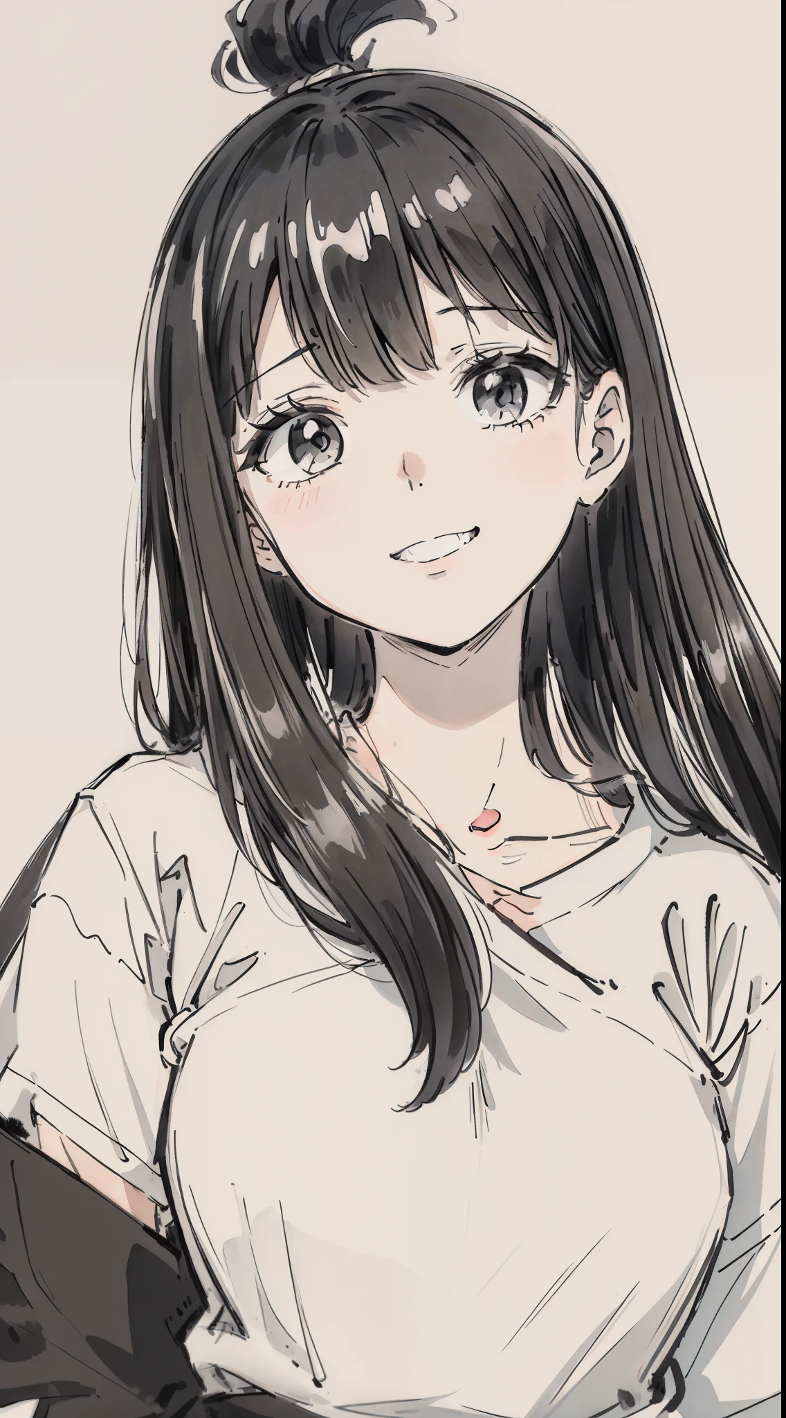 anime girl with long black hair and a white shirt,((black and white portrait)),black and white picture,Smile,minimalist painting,Simple strokes,messy  hair,Cluttered lines,Messy bangs,An indistinct style of painting,Shy