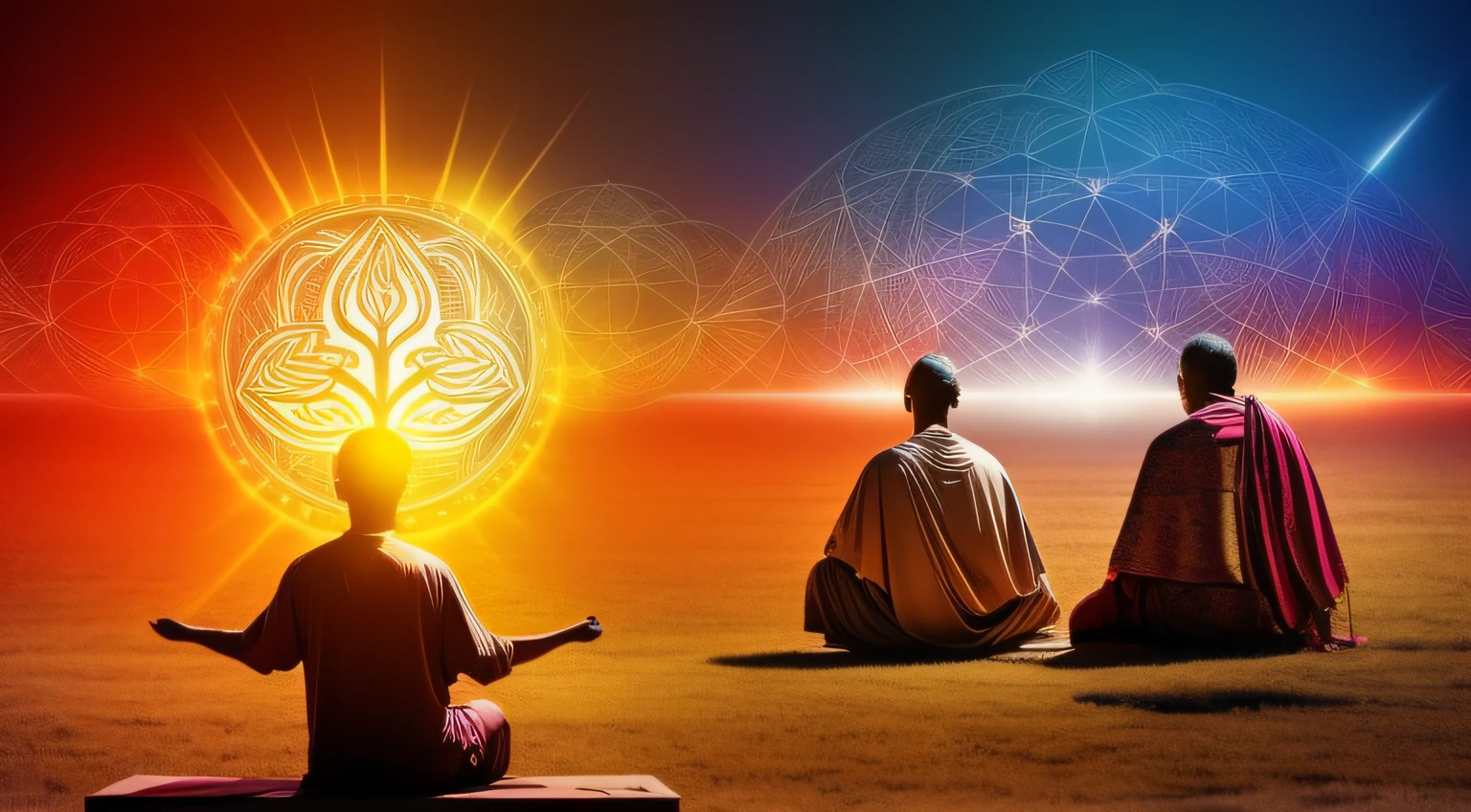 "Crie uma cena visualmente impactante que represente a seguinte ideia: 'The mind transcends physical barriers, Connecting Not Just to Each Other, but also to the exchange of knowledge and intuition.' Na cena, portray people from different cultural and ethnic backgrounds, symbolizing the global connection of the human mind. of mental expansion and the mind's ability to reach beyond tangible limitations."