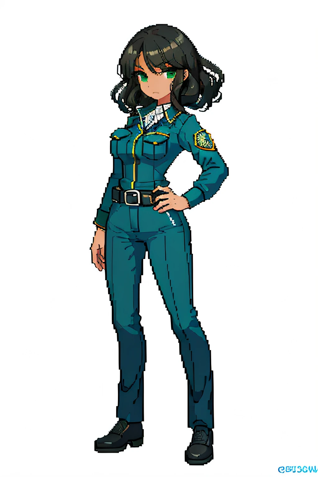 (masterpiece, top quality, best quality), pixel, pixel art, 1woman, full body, brown skin, very detailed green eyes, frizzy black hair, blue police officer clothes, adult woman