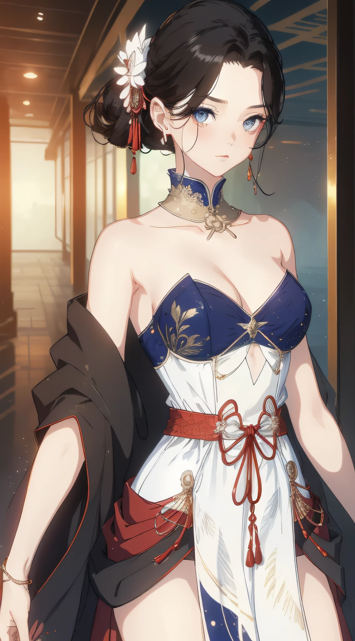 (best qualtiy,tmasterpiece:1.2),超高分辨率,realisticlying,Front lighting,Complicated details,Exquisitedetailsandtextures,(1girll),独奏,The upper part of the body,red color Hanfu,Petal pattern,Nice big eyes,Red dress,beauitful face,facing to audience,Streamers,gossamer,(年轻),Facial highlights,Detal Face,tear-mole,white skinned,Silvery hair,High ponytail,looking at viewert,largeeyes,(Openwork pattern),耳Nipple Ring,slimfigure,white backgrounid,correct hand,profesional lighting,photon maping,Radio City,physically-based renderingt