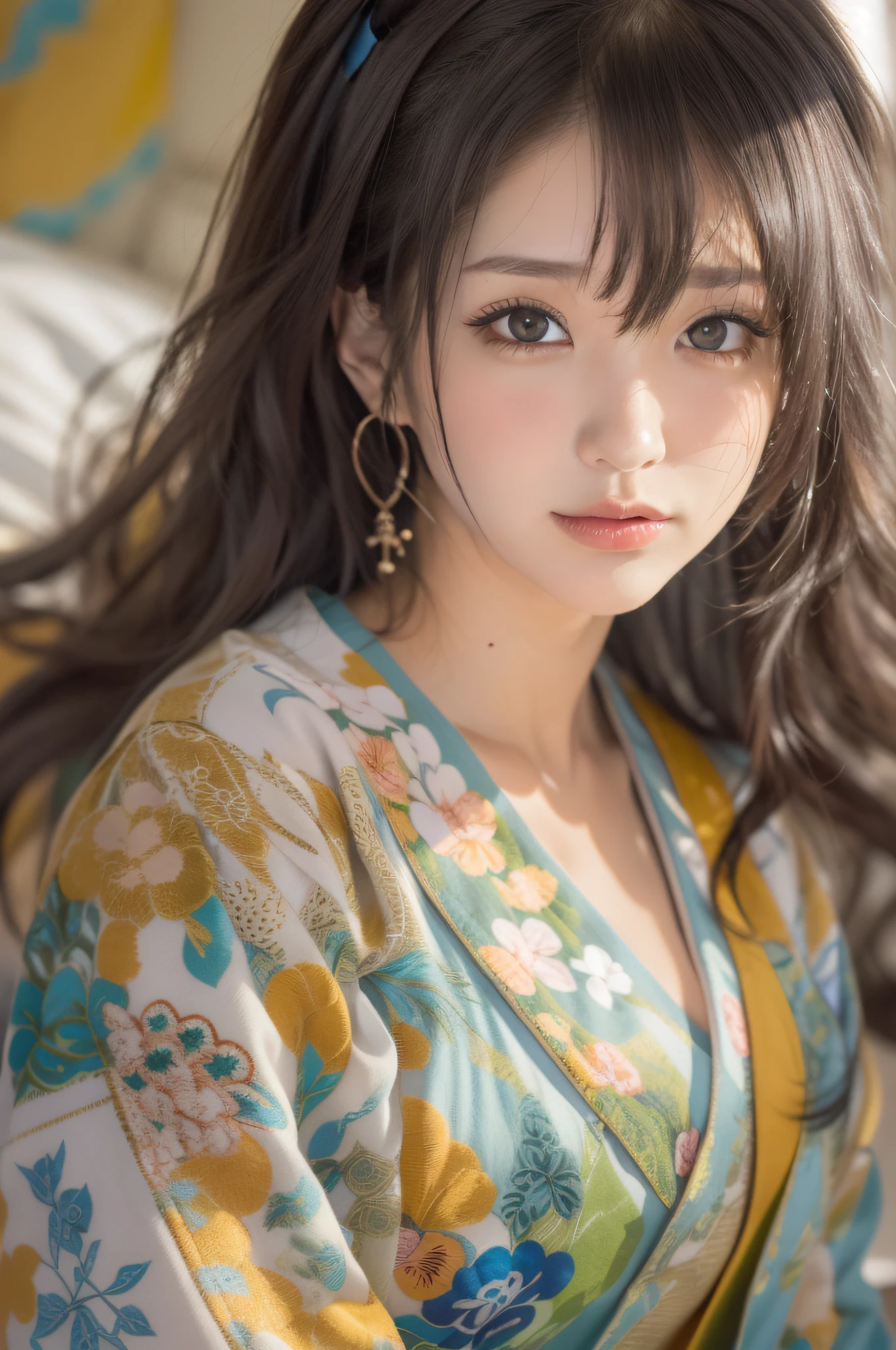 Close up portrait of woman in colorful top on bed, 奈良美智, Sexy Girl, goddess of Japan, sakimichan, Young Pretty Gravure Idol, Sexy :8, けもの, in a kimono, Young Sensual Gravure Idol, Japanese Models, jaw-dropping beauty, sophisticated gravure idol、realistic、An ultra-high picture quality