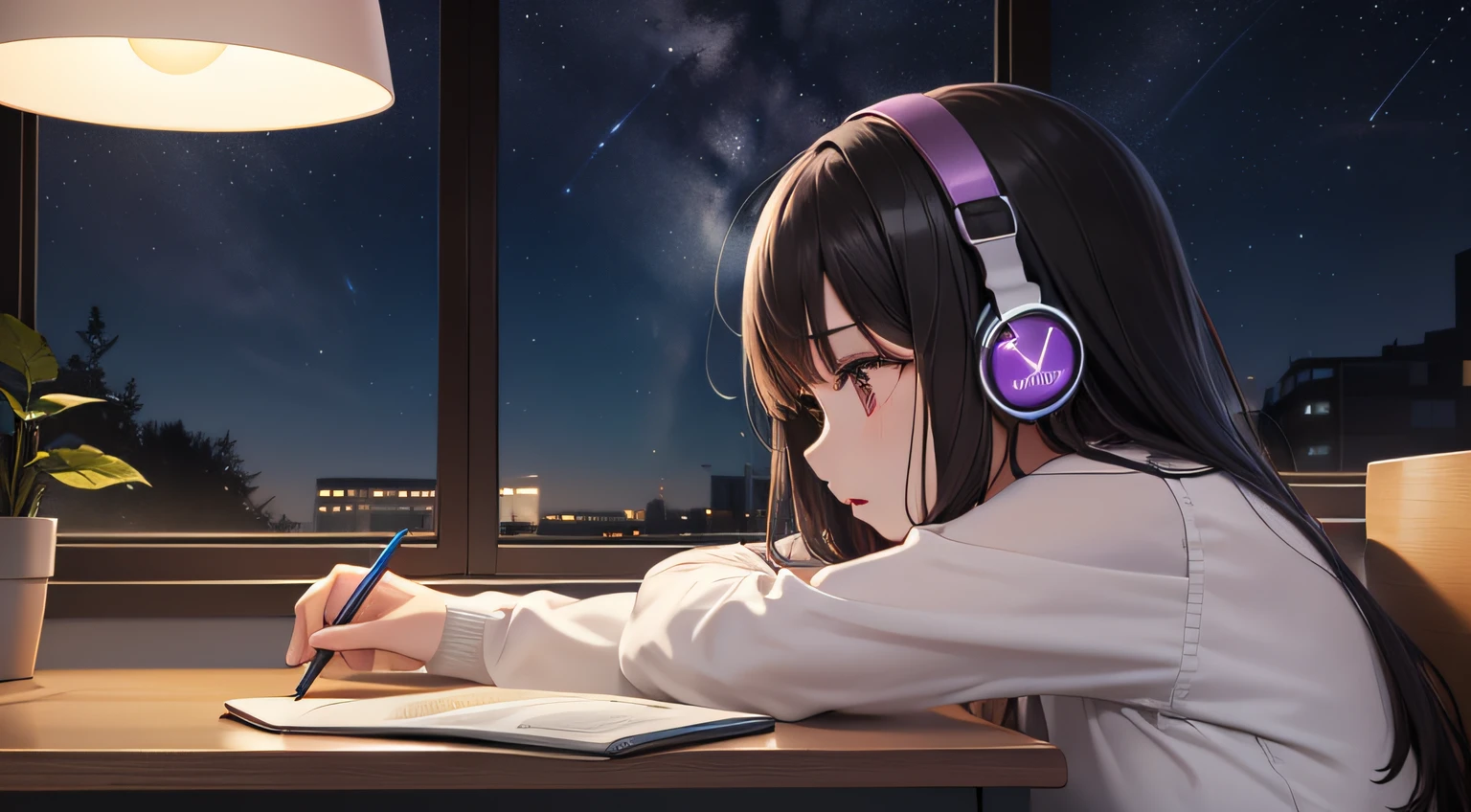 Girl studying at desk、Wearing headphones、Angle from the side、Outside the window is the starry sky、The main colors are purple and orange、Warm colored light