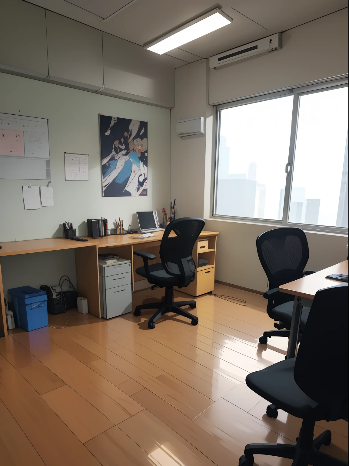 Office room, anime style, light from right, shoot from chair, anime drawing