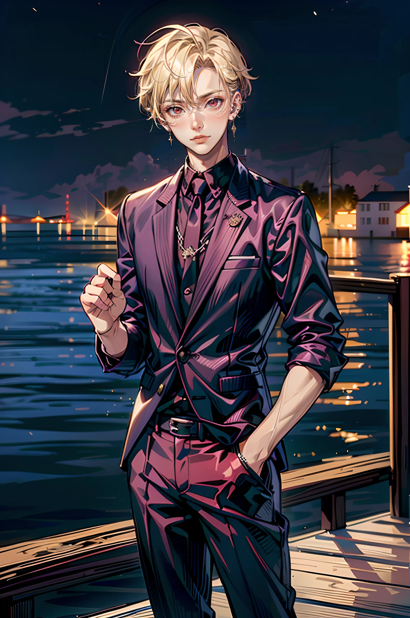 ((masutepiece: 1.4, Best Quality)), ((masutepiece, Best Quality,delicate)), Very short blonde hair、Red Eyes,1a person, (19-year-old young man:1.3), Delicate hair, real face, Suit, (Touch your right ear with your right hand:1.2),Lots of piercings, The background is the harbor at night