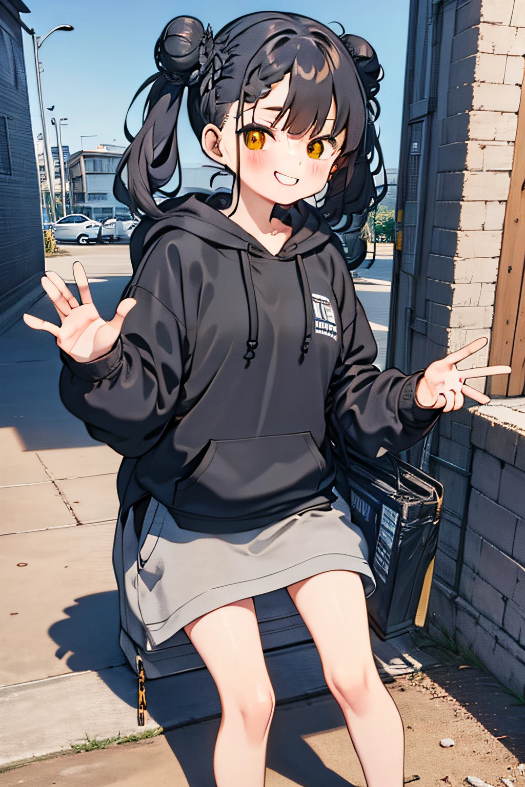 masterpiece, best quality, 1girl, solo, black hair, blunt bangs, braided buns, twintails, yellow eyes, (black big hoodie), (a knee-length hoodie), smiling, laughing, waving one's hands to say hello, standing, with one's palm open, (five fingers), a dirt floor, construction site, (many containers), stacked with lots of containers, in the afternoon, (an evening glow), ((detail face))