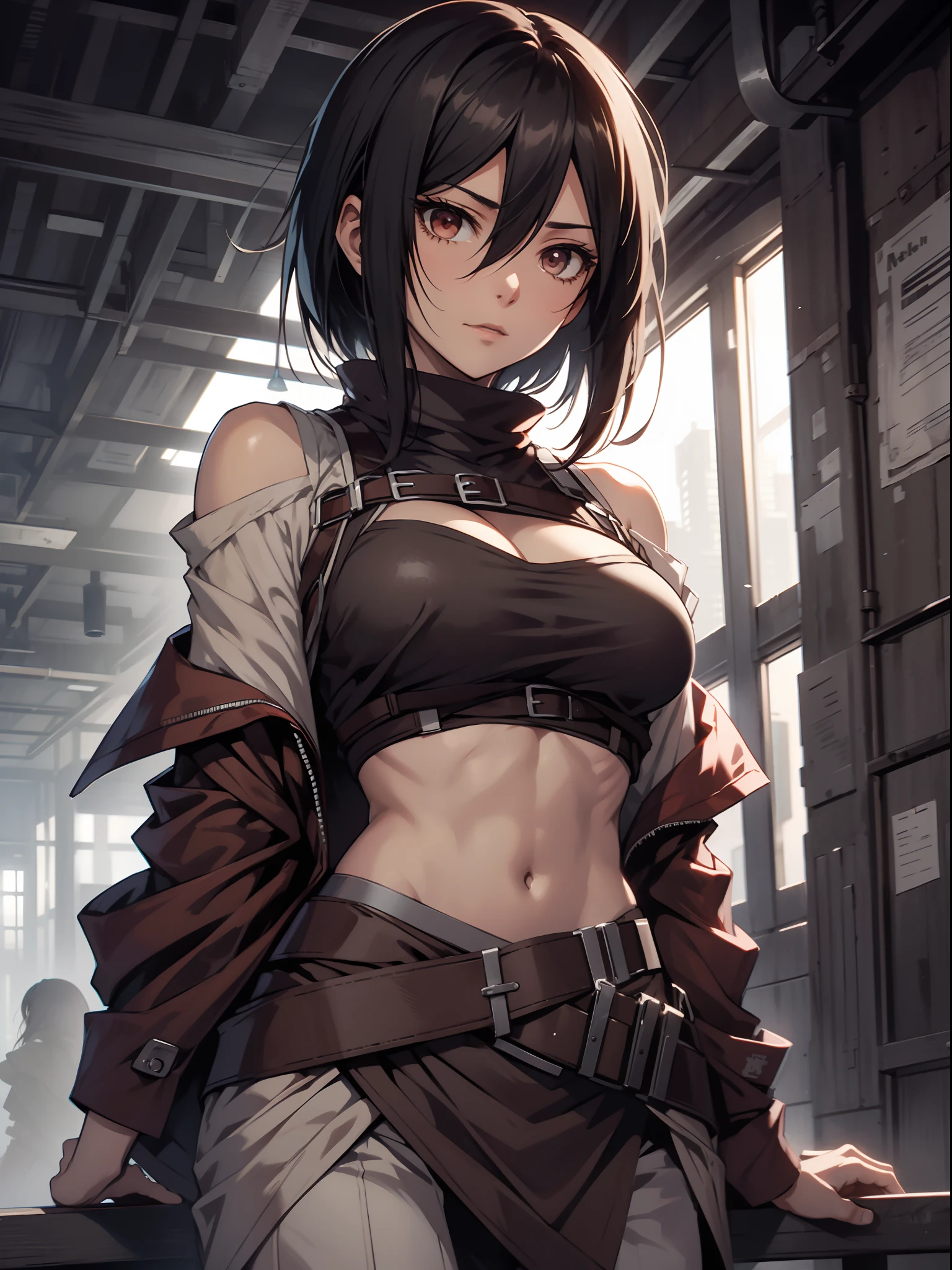 1girl, solo, samurai armor, exposed midriff, sexual armor, masterpiece, best quality, realistic, hyper-detailed, (shiny skin, sweaty:1.4), absurd, looking at viewer, short black hair, brown eyes, slender, dynamic lighting, high resolution, sharp focus, depth of field, detailed eyes, sharp pupils, realistic pupils, (small breasts:1.6), (thick thighs:1.0), outdoor, sky