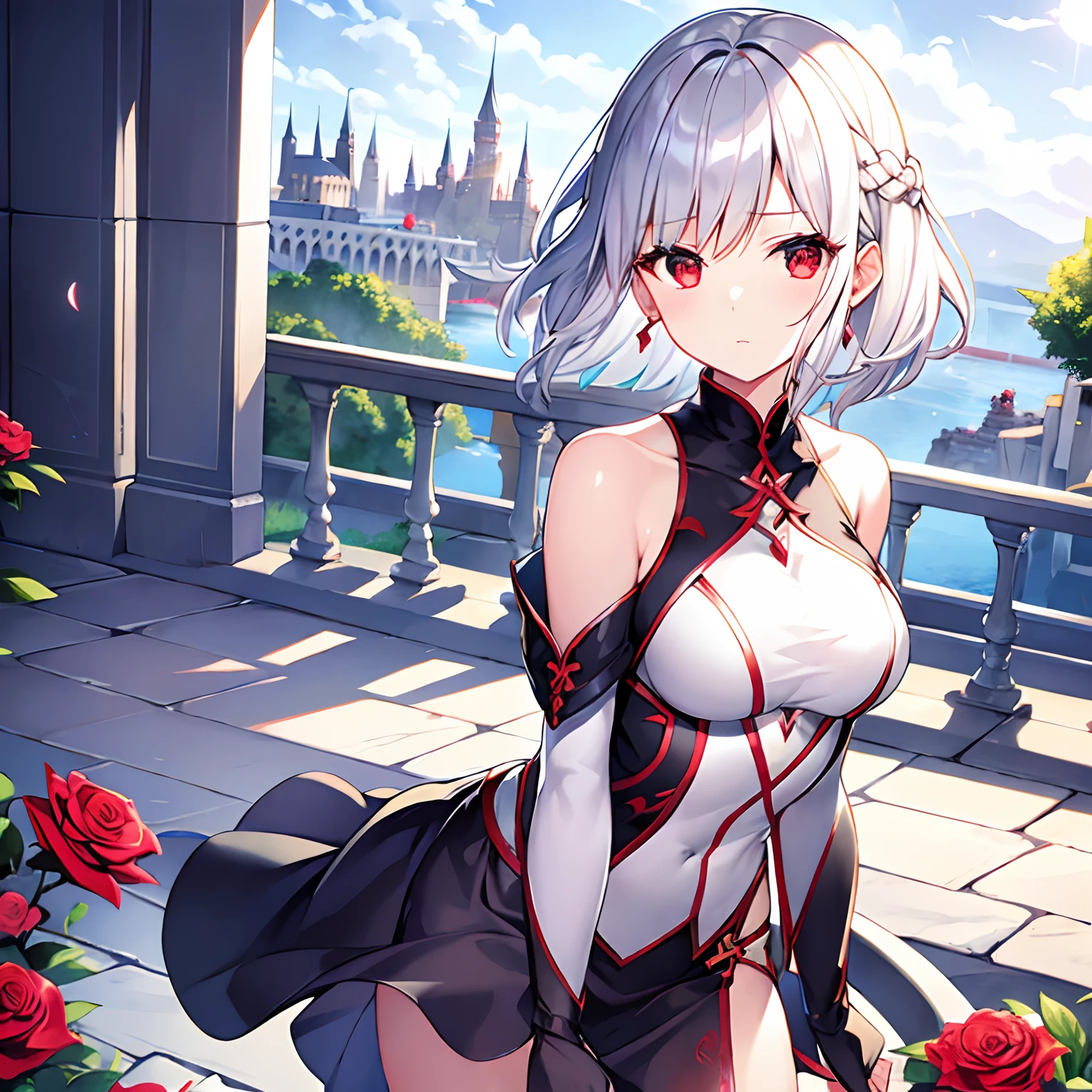 Shorthair、silber hair、red eyes、Beautiful girl alone、独奏、animesque、ninjartist、Castles