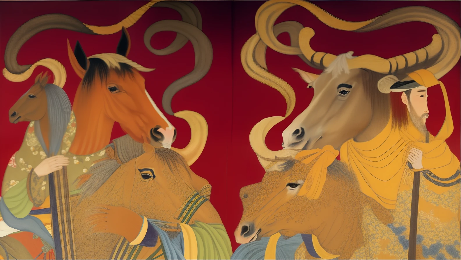 Draw two horses and a man with a goat on red background, author：Ayako hexagon, inspired by Tawaraya Sōtatsu, author：Tan Yang Kano, author：Hiroyuki Tajima, author：Central Plains South Tianfang, author：Masao Maeda, author：Watanabe Kazan