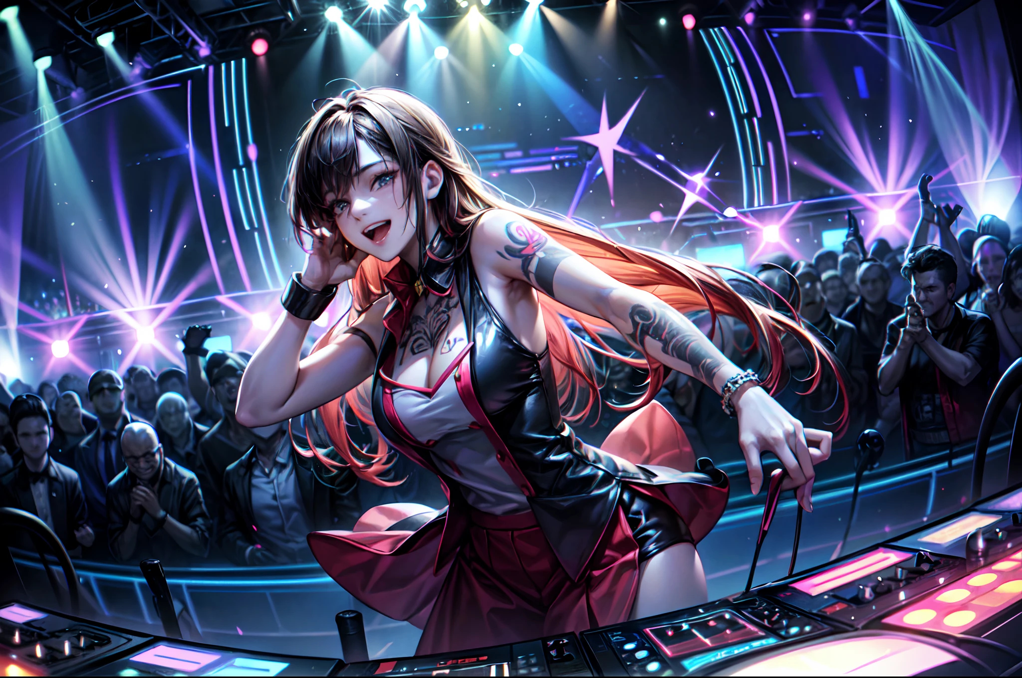 wide shot, hard light, [dynamic angle], fisheye lens,
(The DJ is adorned with numerous tattoos.)
((Inside a club, In the booming club:1.4), the audience dances to the rhythm. a DJ plays music, getting the audience excited. They dance, sing, and have fun to the rhythm of the music. The DJ watches their reaction, continuing to play music to further excite them. The club is filled with heat and excitement.), 
highres, ultra detailed, realistic