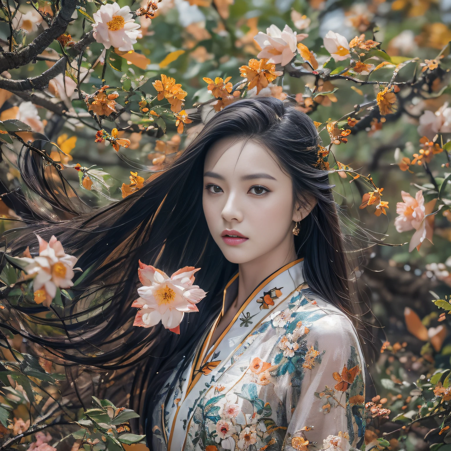 32K(tmasterpiece,k hd,hyper HD,32K)Long flowing black hair,ponds,zydink, a color, Xuzhou people (Sexy girl nipple), (Blue and white silk scarf), Combat posture, looking at the ground, long whitr hair, Floating hair, Carp pattern headdress, Chinese long-sleeved cheongsam, (Abstract gouache splash:1.2), Pink petal background,Pumpkin flowers fly(realisticlying:1.4),Black color hair,Fallen leaves flutter,The background is pure, A high resolution, the detail, RAW photogr, Sharp Re, Nikon D850 Film Stock Photo by Jefferies Lee 4 Kodak Portra 400 Camera F1.6 shots, Rich colors, ultra-realistic vivid textures, Dramatic lighting, Unreal Engine Art Station Trend, cinestir 800,Long flowing black hair,see-through transparent clothes