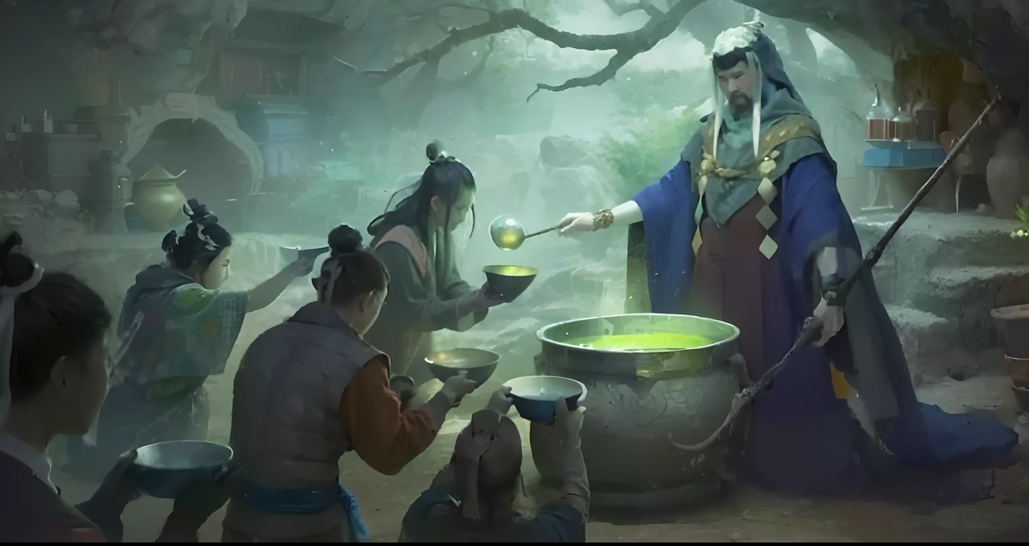 Draw a group of people in a cave with a cauldron, Inspired by Cao Zhibai, inspired by Gong Xian, making a potion, concept art of a monk, casting a spell on a potion, Inspired by Hu Zaobin, author：Qu Leilei, Taoist, casting a protection spell, inspired by Cheng Zhengkui