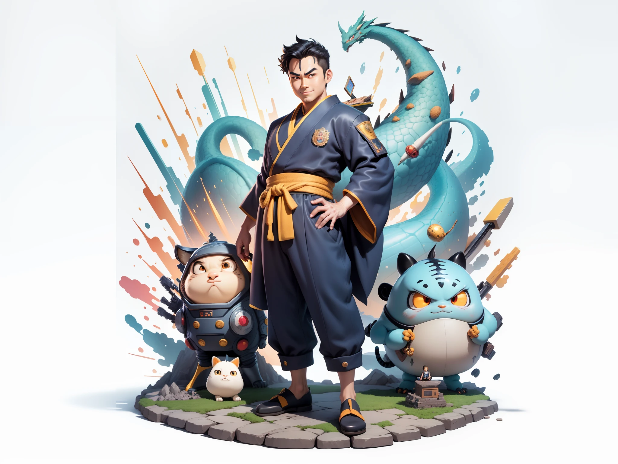 (Masterpiece), (Excellent), (Super Meticulous), (Full Body: 1.2), Super Young Man, Oriental Face, Japanese Kimono, Japanese Wind Thunder God, Dragon, Tiger, TV Anchor, Bust Portrait Illustration, Alone, Black Suit, Blue Tie, Slightly Chubby Face, Very Clean Face, No Beard, Black Super Short Hair, Black Eyes, Confident Smile, 3c Computer Sub-Products, iPad, iPhone, Digital Painting, 3D Character Design by Akira Toriyama and Mark Claireden and Pixar and Hayao Miyazaki, The illustration is a high-definition illustration in 4K resolution with very detailed facial features and cartoon-style visuals.