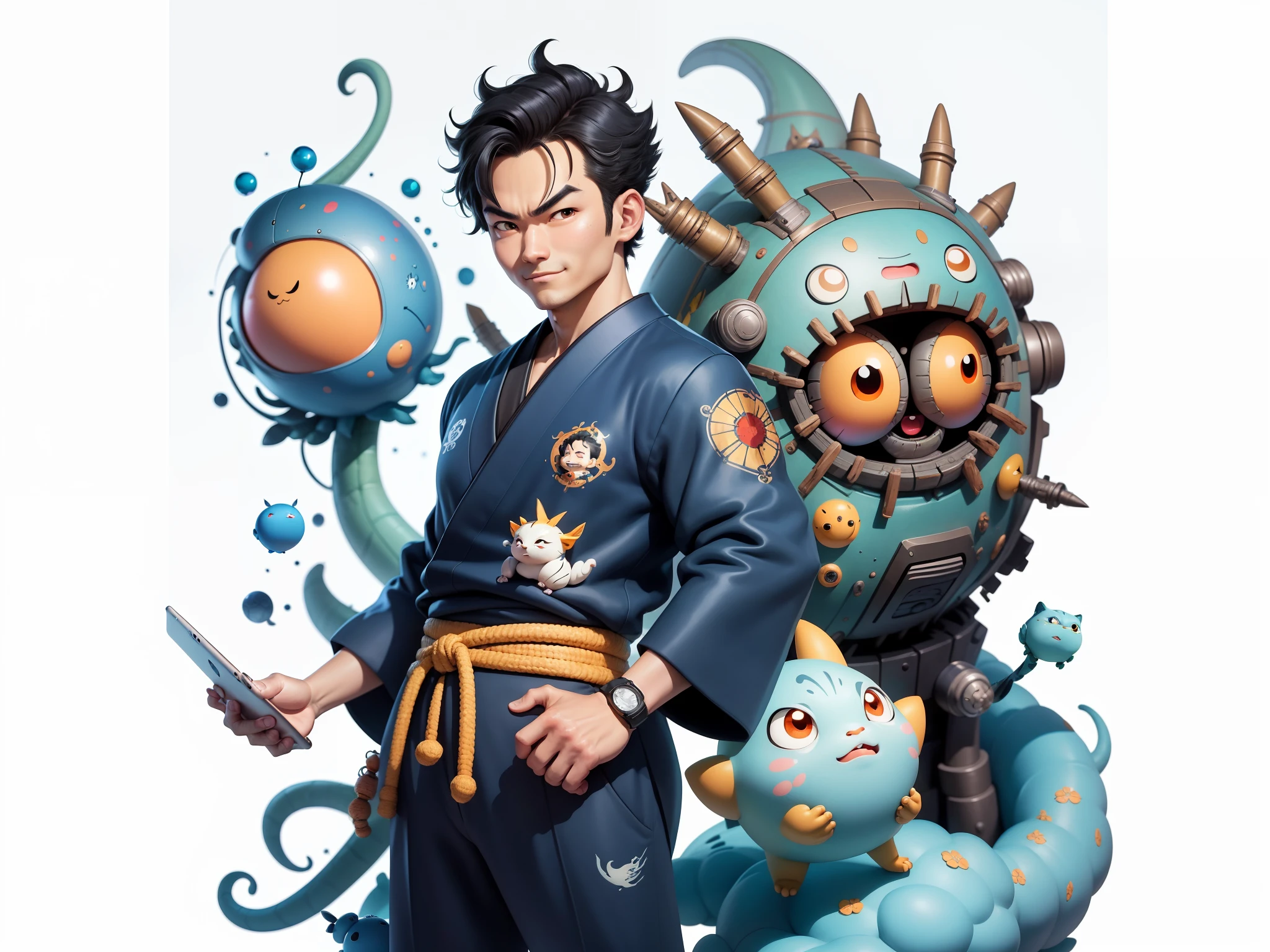 (Masterpiece), (Excellent), (Super Meticulous), (Full Body: 1.2), Super Young Man, Oriental Face, Japanese Kimono, Japanese Wind Thunder God, Dragon, Tiger, TV Anchor, Bust Portrait Illustration, Alone, Black Suit, Blue Tie, Slightly Chubby Face, Very Clean Face, No Beard, Black Super Short Hair, Black Eyes, Confident Smile, 3c Computer Sub-Products, iPad, iPhone, Digital Painting, 3D Character Design by Akira Toriyama and Mark Claireden and Pixar and Hayao Miyazaki, The illustration is a high-definition illustration in 4K resolution with very detailed facial features and cartoon-style visuals.