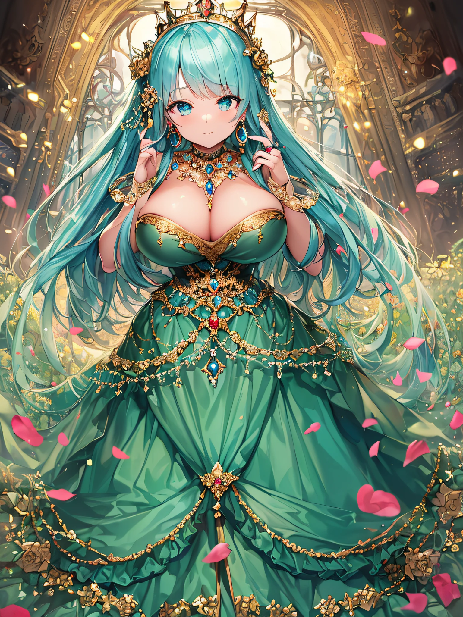 ((anime artstyle)),(Masterpiece),(Best Quality), (Super Detail),((Very Delicate and Beautiful)),(((Solo))),((full body portrait)),((1 princess in gorgeous princess rococo ballgown with voluminous full length hoop skirt)),((crinoline)),Long train,(((standing in garden))),(gorgeous gemstone jewelry),detailed face and eyes,jewel-like eyes,((large amount of straight hair,extremely voluminous Hair,Very Long Straight Hair)),((gigantic tits,Long tits)),cleavage,extremely gorgeousfull hair ornament,((bling-bling extremely gorgeousfull jeweled tiara)),((Dynamic Angle)),Looking at viewer,,flowers,flower petals flowing,((gorgeous princess rococo ballgown with voluminous full length hoop skirt))