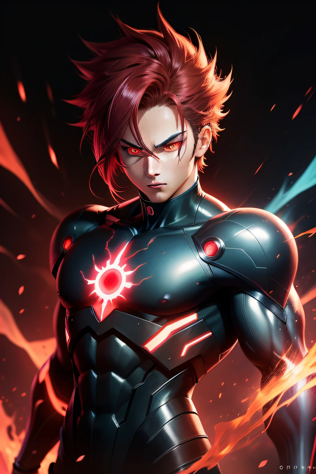 anime character, Electric hair, trasparent background, red glowing eyes, broad narrow eyes, muscular body, cartoon anime style, transparent background