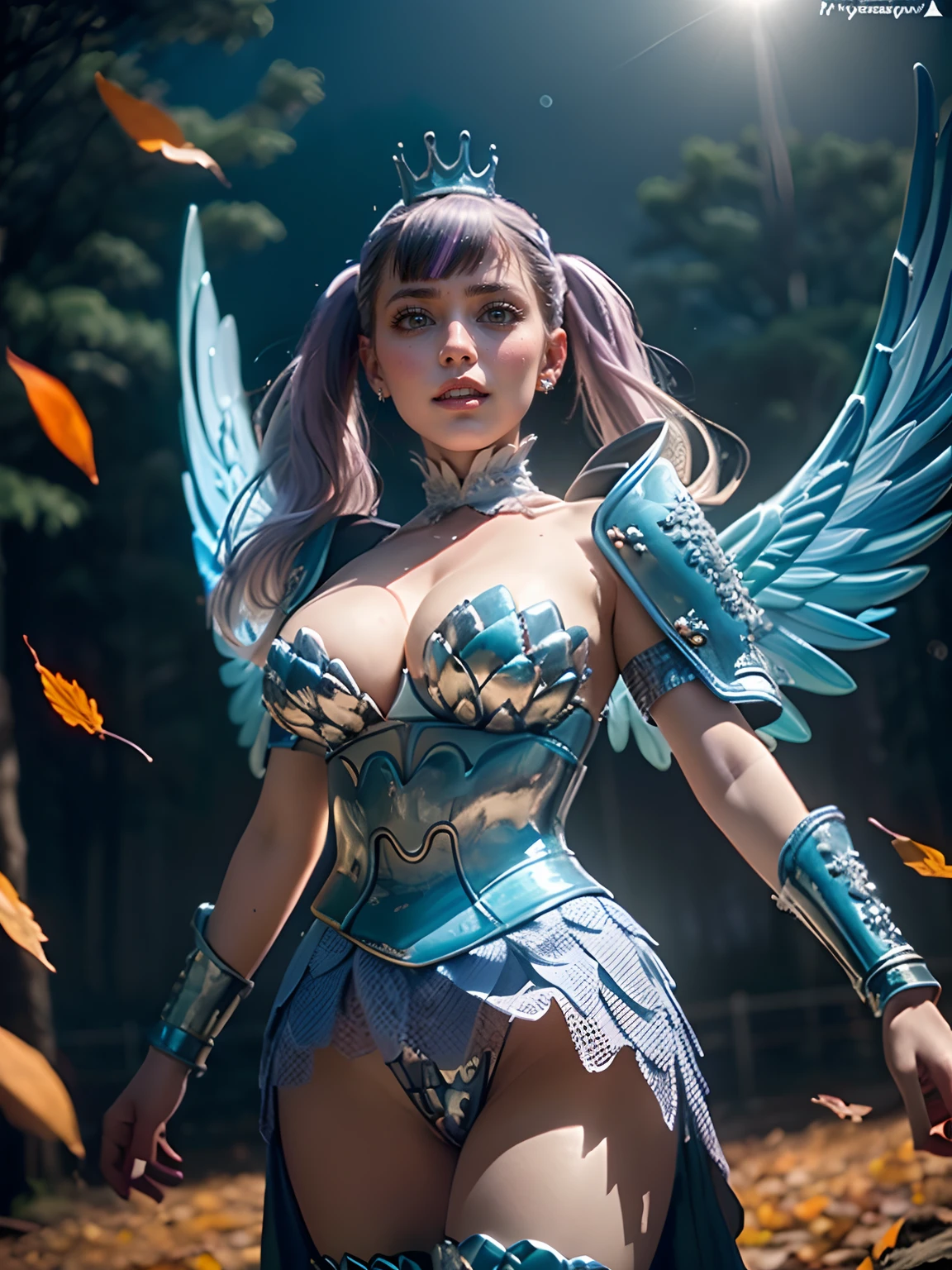 ((Masterpiece, high quality, high resolution:1.4), (standing:1.2), (dynamic pose:1.4), (smile), (1girl), noelle_silva, long hair, twintails, bangs, earring, (light violet hair:1.2), purple eyes, ((water_armor)), (wings), crown, valkyrie, armored dress, angel, tree, sunset, autumn, autumn leaves, night, moon, (dancing:1.2), highly detailed skin, skin pores, (highly detailed face:1.2), (highly detailed eyes:1.2), realistic pupils:1.2, full face blush, full lips, (perfect anatomy:1.1), (perfect proportions:1.1), (photography:1.1), (photorealistic:1.1), volumetric lighting, dynamic lighting, real shadows, (highres:1.1), sharp focus, (realistic, hyperrealistic:1.4), intricate, high detail, dramatic, subsurface scattering, big depth of field, vivid, polished, sharpened, ((full Sharp)), (extremely absurdres),16k hdr,