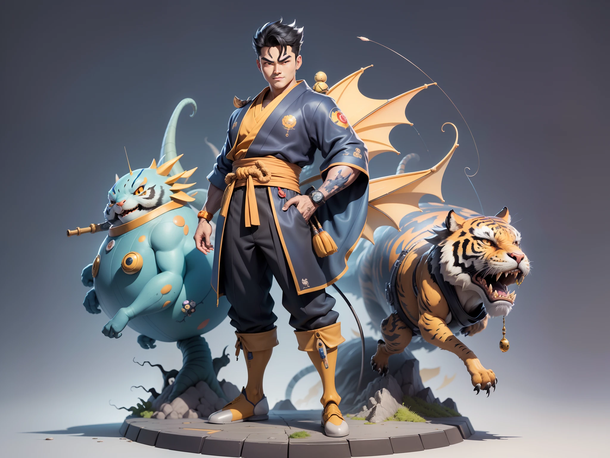 (Masterpiece), (Excellent), (Super Meticulous), (Full Body: 1.2), Super Young Man with Japanese Female Geisha, Beautiful, Chinese Dragon, Tiger, Wind God Thor, Sexy, Bursting, Oriental Face, TV Anchor, Bust Portrait Illustration, Alone, Black Suit, Blue Tie, Slightly Chubby, Very Clean Face, No Beard, Black Super Short Hair, Black Eyes, Confident Smile, 3c Computer Sub-Products, iPad, iPhone, Digital Painting, 3D character design by Mark Clairedon and Pixar and Hayao Miyazaki and Akira Toriyama, the illustrations are HD illustrations in 4K resolution with highly detailed facial features and cartoon-style visuals.