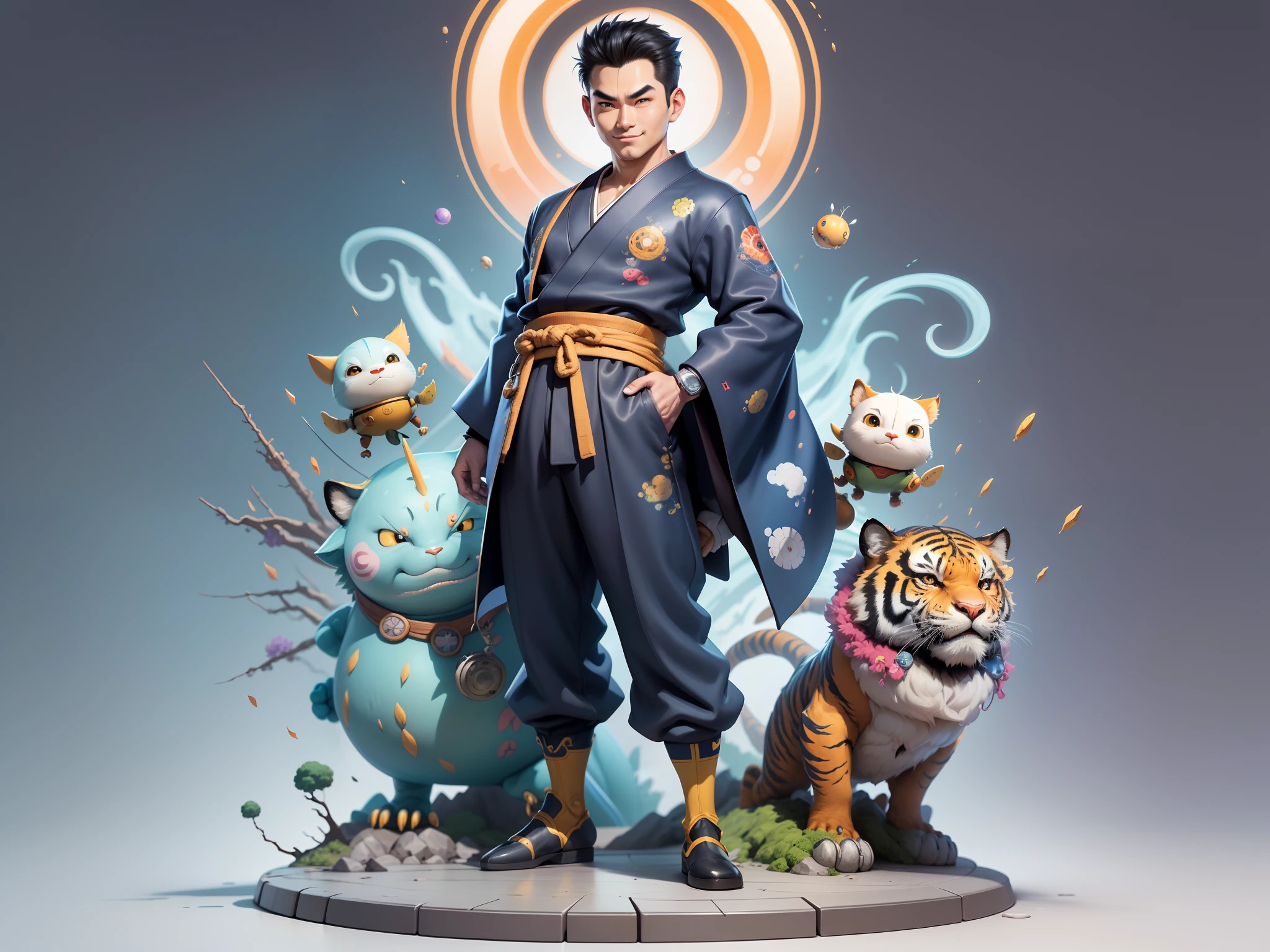 (Masterpiece), (Excellent), (Super Meticulous), (Full Body: 1.2), Super Young Man, Oriental Face, Japanese Kimono, Japanese Wind Thunder God, Dragon, Tiger, TV Anchor, Bust Portrait Illustration, Alone, Black Suit, Blue Tie, Slightly Chubby Face, Very Clean Face, No Beard, Black Super Short Hair, Black Eyes, Confident Smile, 3c Computer Sub-Products, iPad, iPhone, Digital Painting, 3D Character Design by Akira Toriyama and Mark Claireden and Pixar and Hayao Miyazaki, The illustration is a high-definition illustration in 4K resolution with very detailed facial features and cartoon-style visuals.