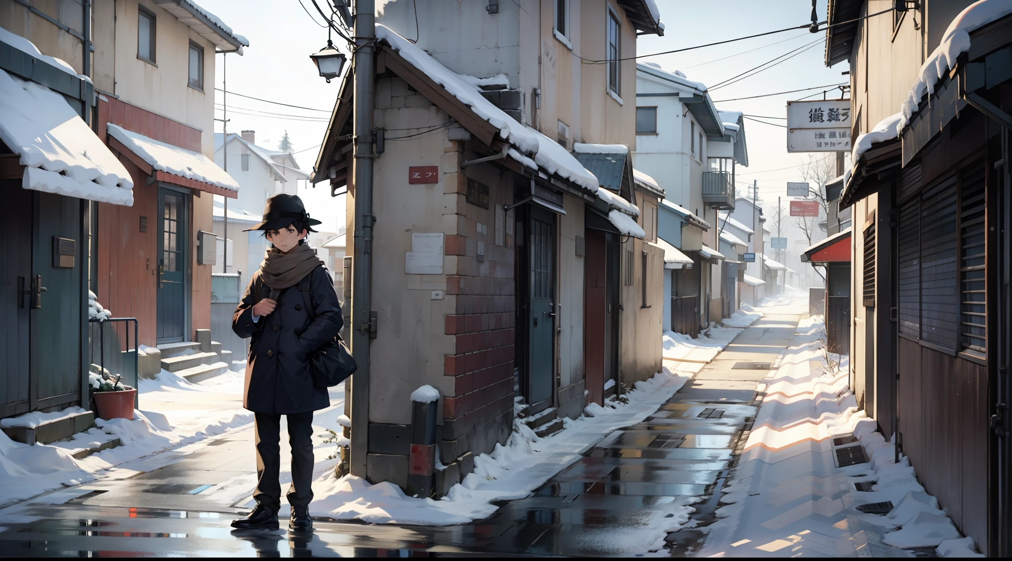 A boy in a hat stands on the street in winter