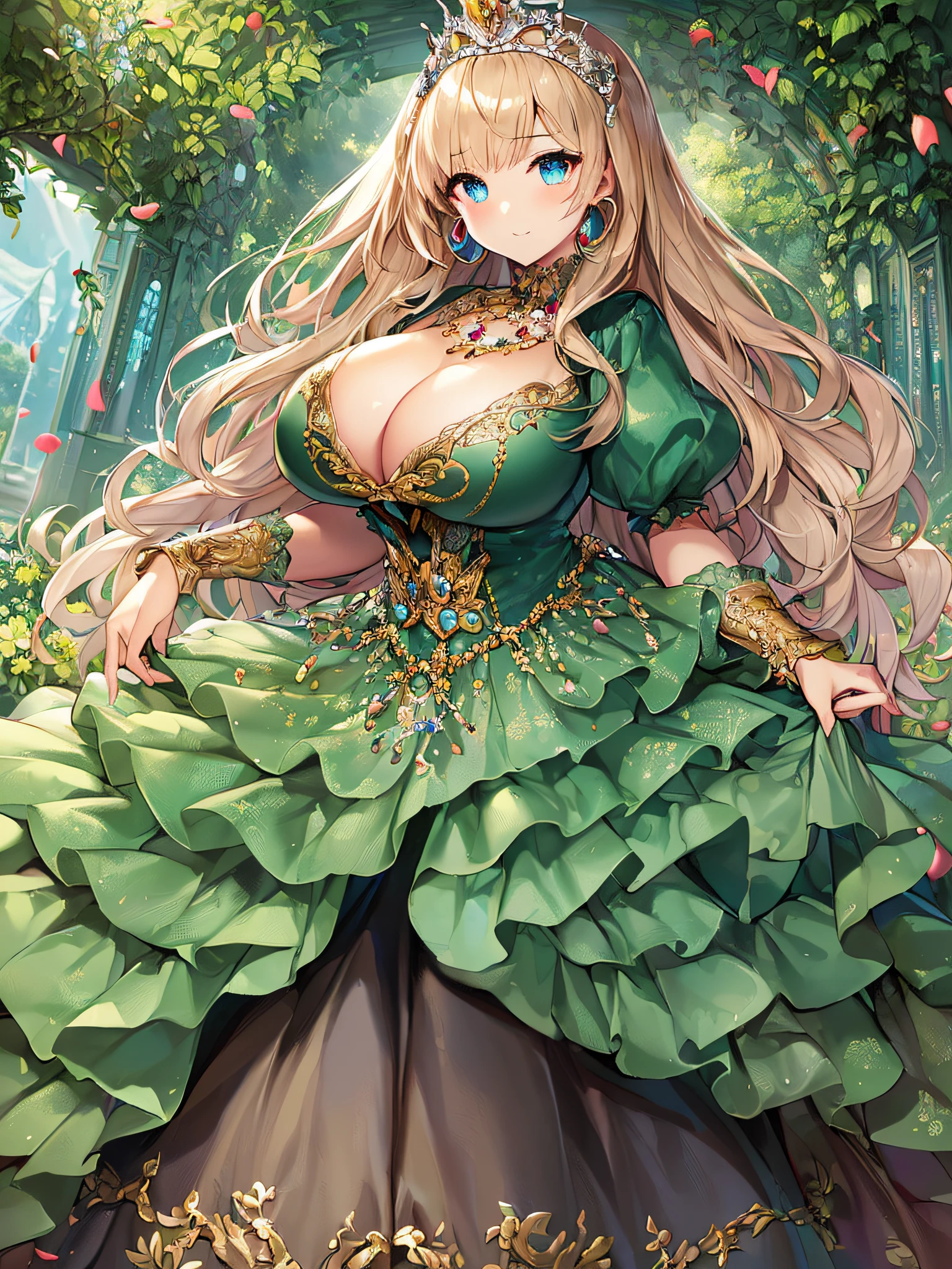 ((anime artstyle)),(Masterpiece),(Best Quality), (Super Detail),((Very Delicate and Beautiful)),(((Solo))),((full body portrait)),((1 princess in gorgeous princess rococo ballgown with voluminous full length hoop skirt)),((crinoline)),Long train,(((standing in garden))),(gorgeous gemstone jewelry),detailed face and eyes,jewel-like eyes,((large amount of straight hair,extremely voluminous Hair,Very Long Straight Hair)),((gigantic tits,Long tits)),cleavage,extremely gorgeousfull hair ornament,((bling-bling extremely gorgeousfull jeweled tiara)),((Dynamic Angle)),Looking at viewer,,flowers,flower petals flowing,((gorgeous princess rococo ballgown with voluminous full length hoop skirt))