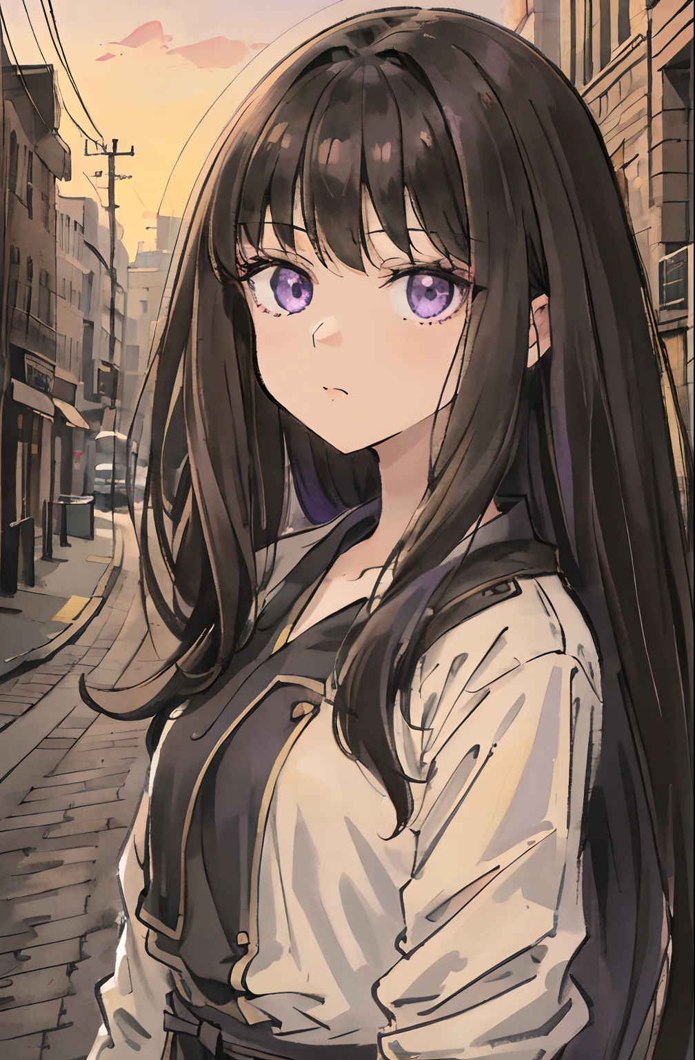 Beautiful and cute girl with shame, 1girl in, Solo, Long hair, A dark-haired,Purple eyes, hair messy, long hair bangs, Beautiful detailed eyes, Looking at Viewer, deadpan, Closed mouth, Portrait, Bangs,Fashionable and cute plain clothes, Upper body,bad-girl, Small breasts, Backlight, Street