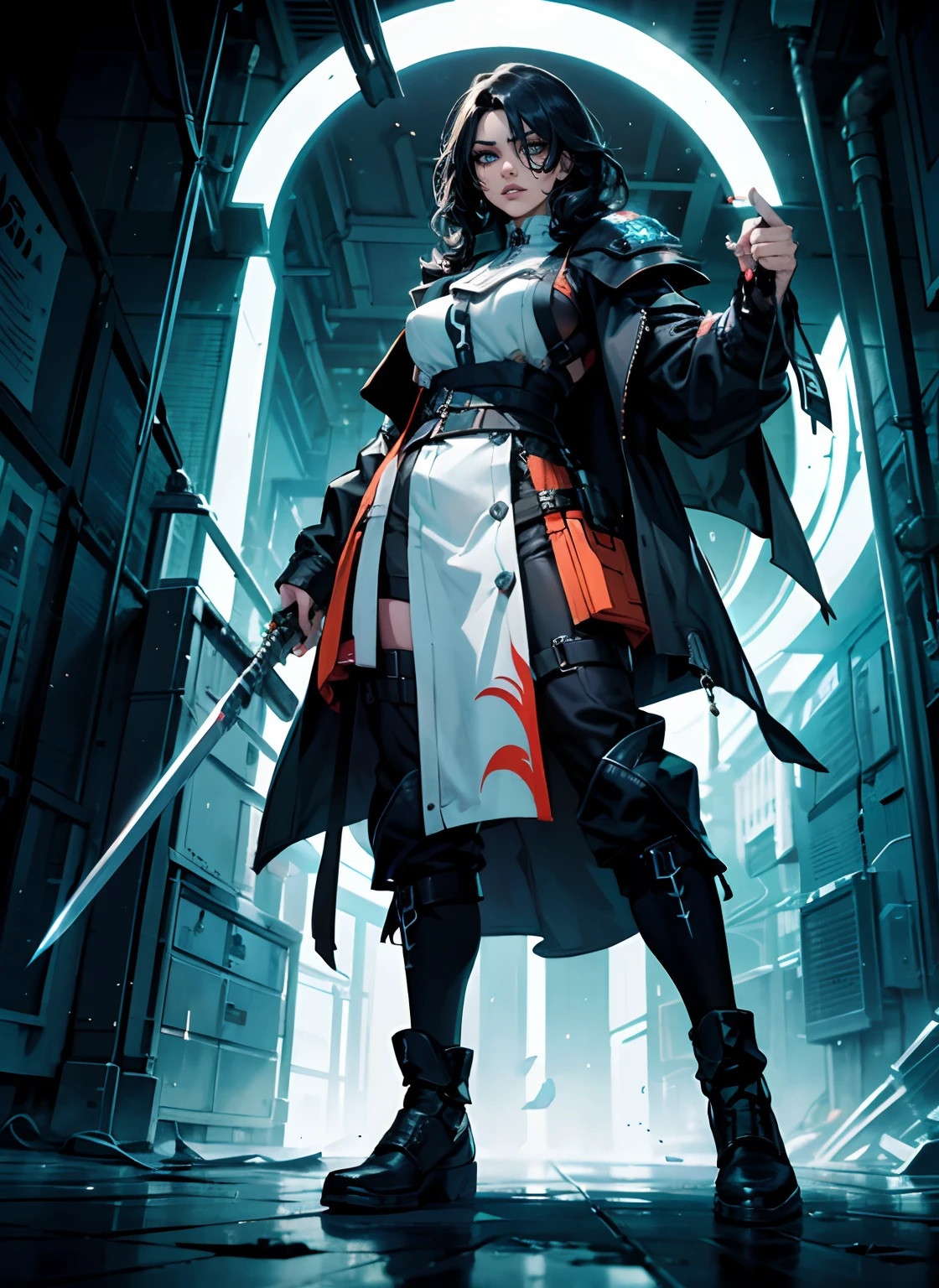 ((best quality)), ((masterpiece)), (illustration), (cinematic), (volumetric lighting), mature 35-year-old woman, 1girl, dark skin, athletic body, curly black and hair, fierce warrior, shoulder pads, futuristic assassin robe, cyberpunk samurai, stylish futuristic fashion, stoic expression, holding swords in both hands, dynamic angle, vibrant colors, bloom, The hero must be in a heroic pose, as if she is ready to face any challenge that comes her way, dark background, simple background