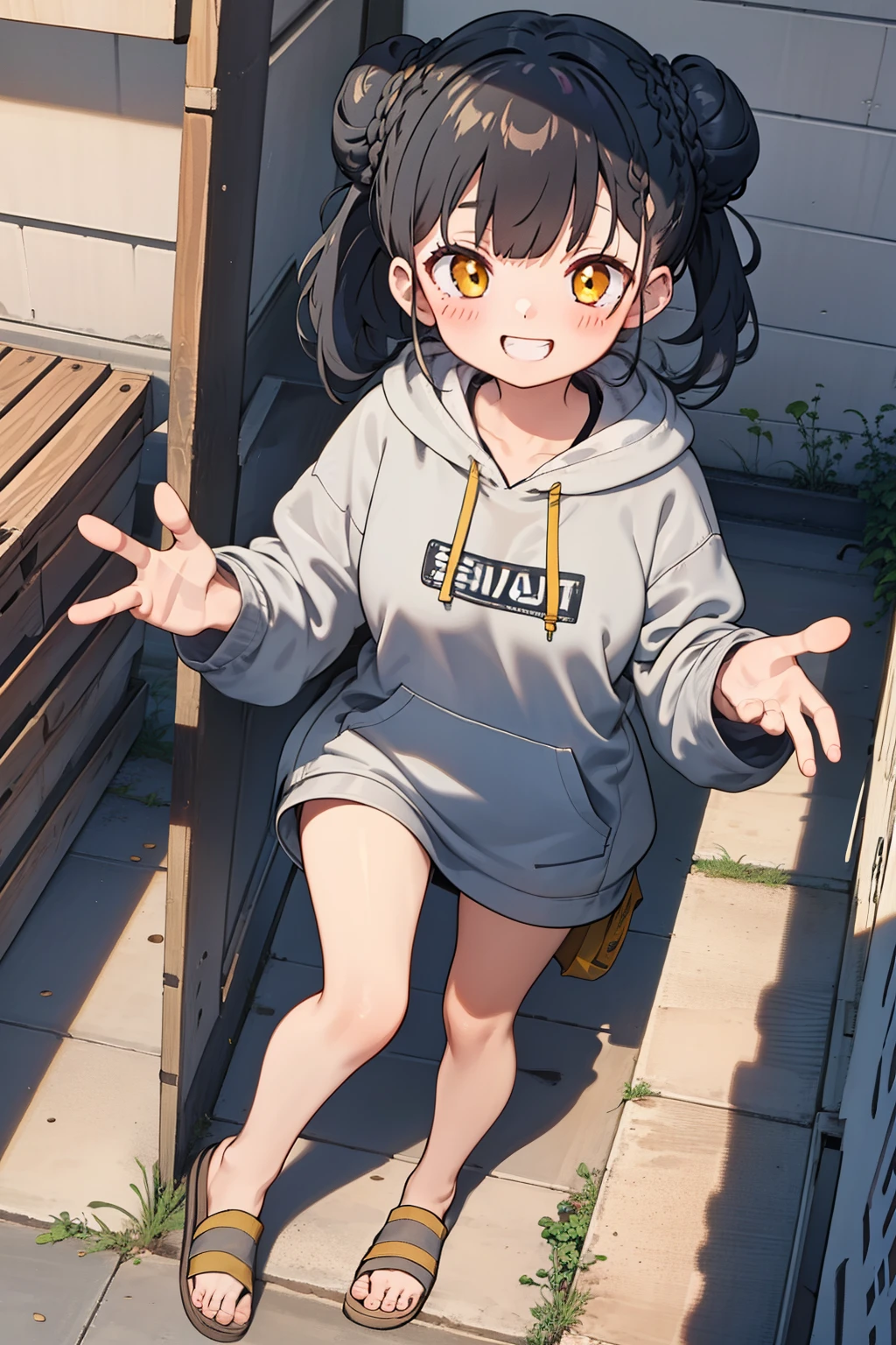 masterpiece, best quality, 1girl, solo, black hair, blunt bangs, braided buns, twintails, yellow eyes, (black big hoodie), (a knee-length hoodie), smiling, laughing, waving one's hands to say hello, standing, with one's palm open, (five fingers), a dirt floor, in the port, construction site, (many containers), stacked with lots of containers, in the afternoon, (an evening glow), ((detail face))