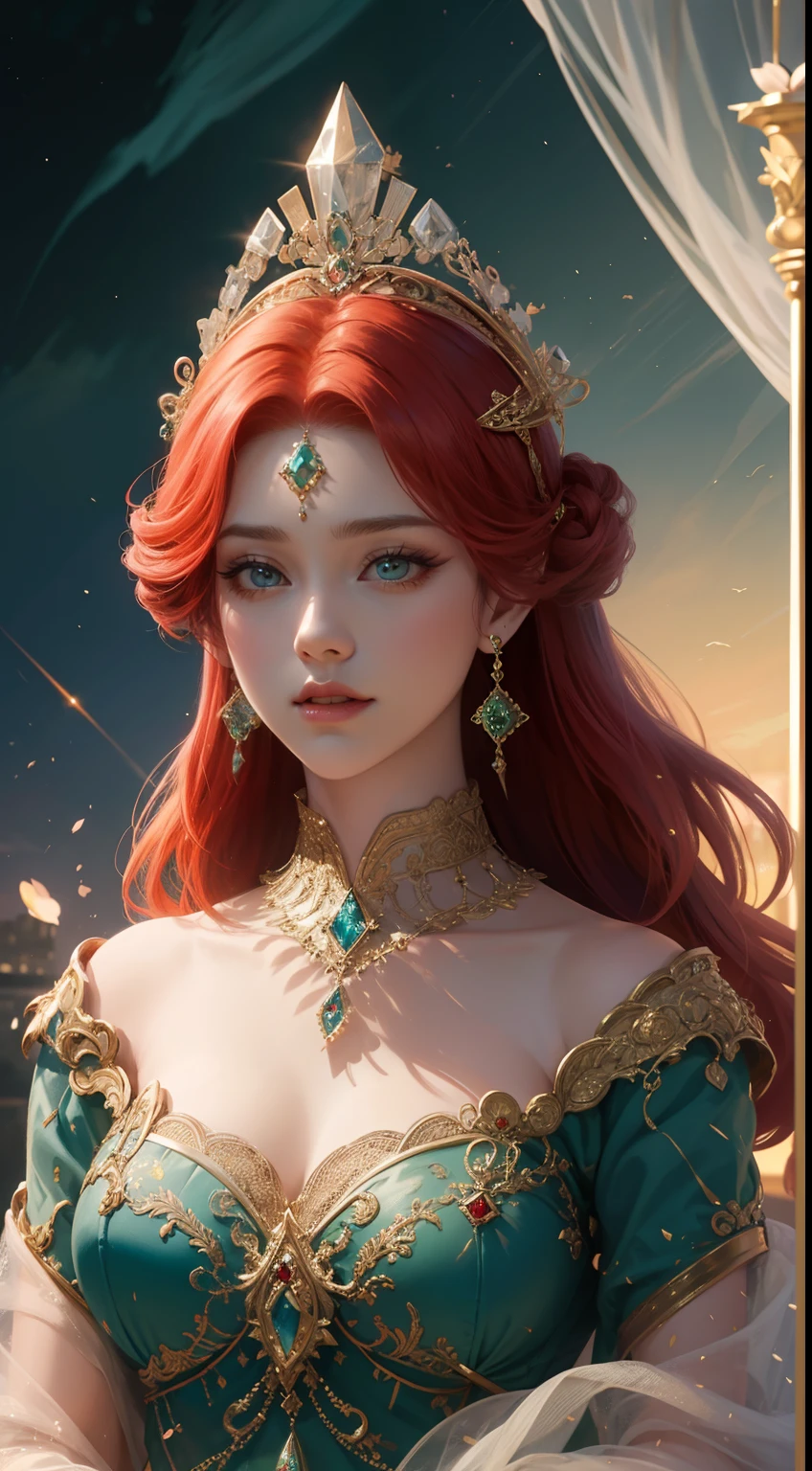 tmasterpiece,Highest high resolution,Dynamic bust of beautiful royal lady,Long red hairstyle,Green clear eyes,The hair is covered with beautiful and delicate floral craftsmanship, Crystal jewelry filigree,Ultra-detailed details,upscaled。