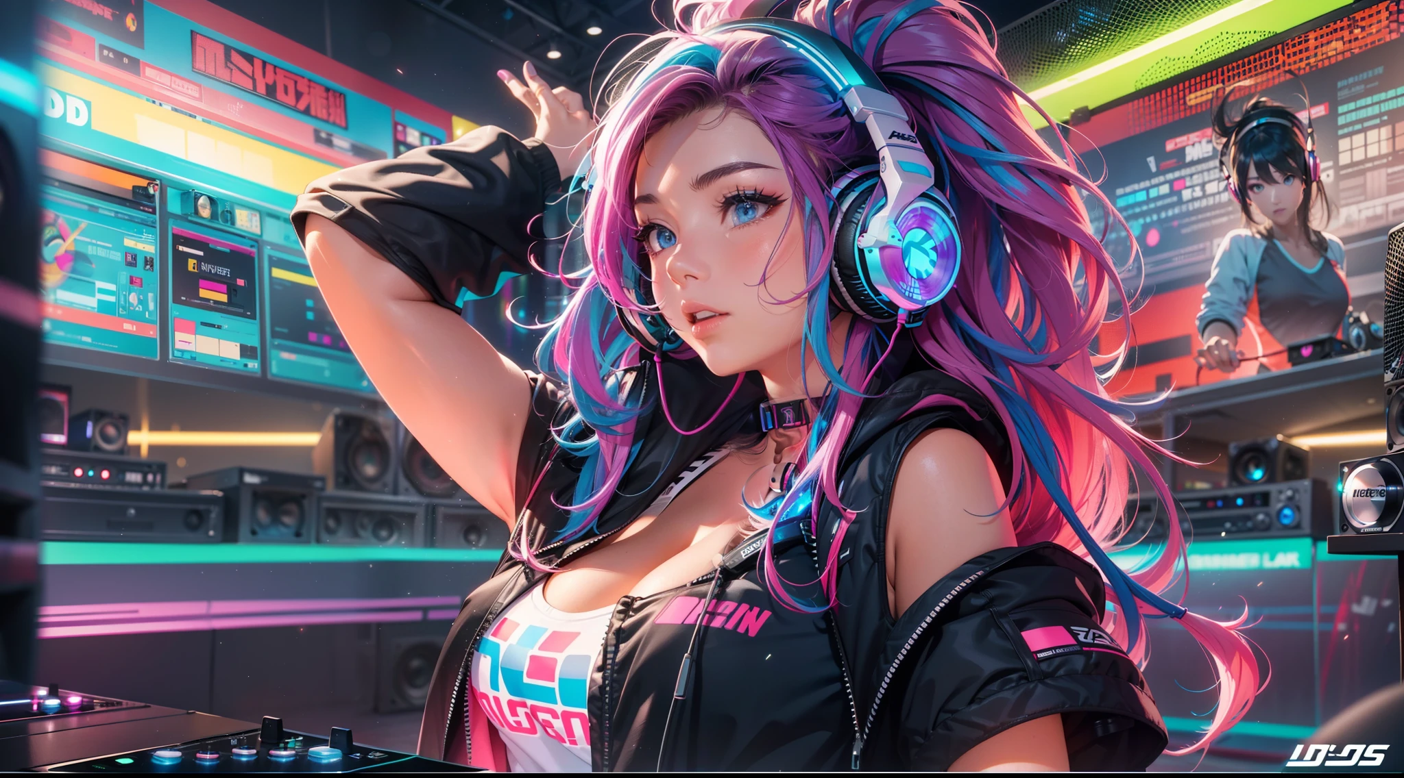 masuter piece、super-fine、A hyper-realistic、Beautiful female artist in DJ suit with black top and headphones、dj set、Sportsbra、headphones dj rave, Sportsbra, headphones、dj at a party、dj rave party、CGstation、(((Huge speaker in background)))、(((All walls are speakers)))、(colourful hair)、Glowing hair、inner colored、smokey,from back