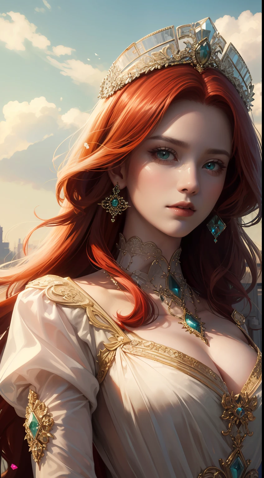 tmasterpiece,Highest high resolution,Dynamic bust of beautiful royal lady,Long red hairstyle,Green clear eyes,The hair is covered with beautiful and delicate floral craftsmanship, Crystal jewelry filigree,Ultra-detailed details,upscaled。