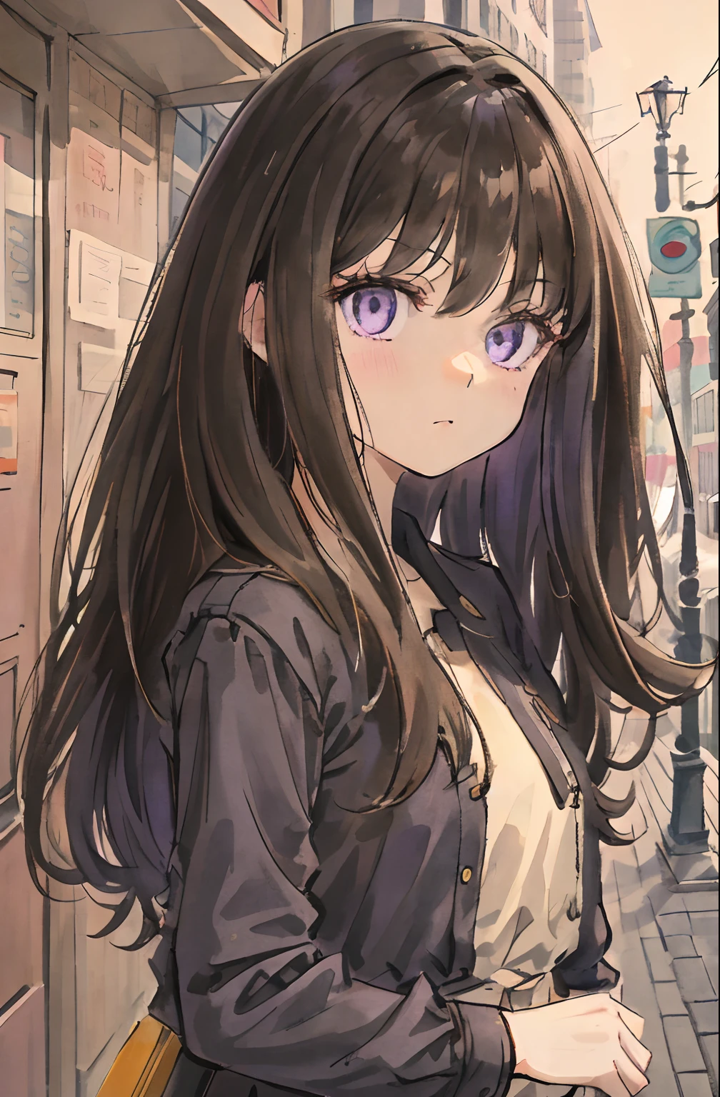 Beautiful and cute girl with shame, 1girl in, Solo, Long hair, A dark-haired,Purple eyes, hair messy, long hair bangs, Beautiful detailed eyes, Looking at Viewer, deadpan, Closed mouth, Portrait, Bangs,Fashionable and cute plain clothes, Upper body,bad-girl, Small breasts, Backlight, Street