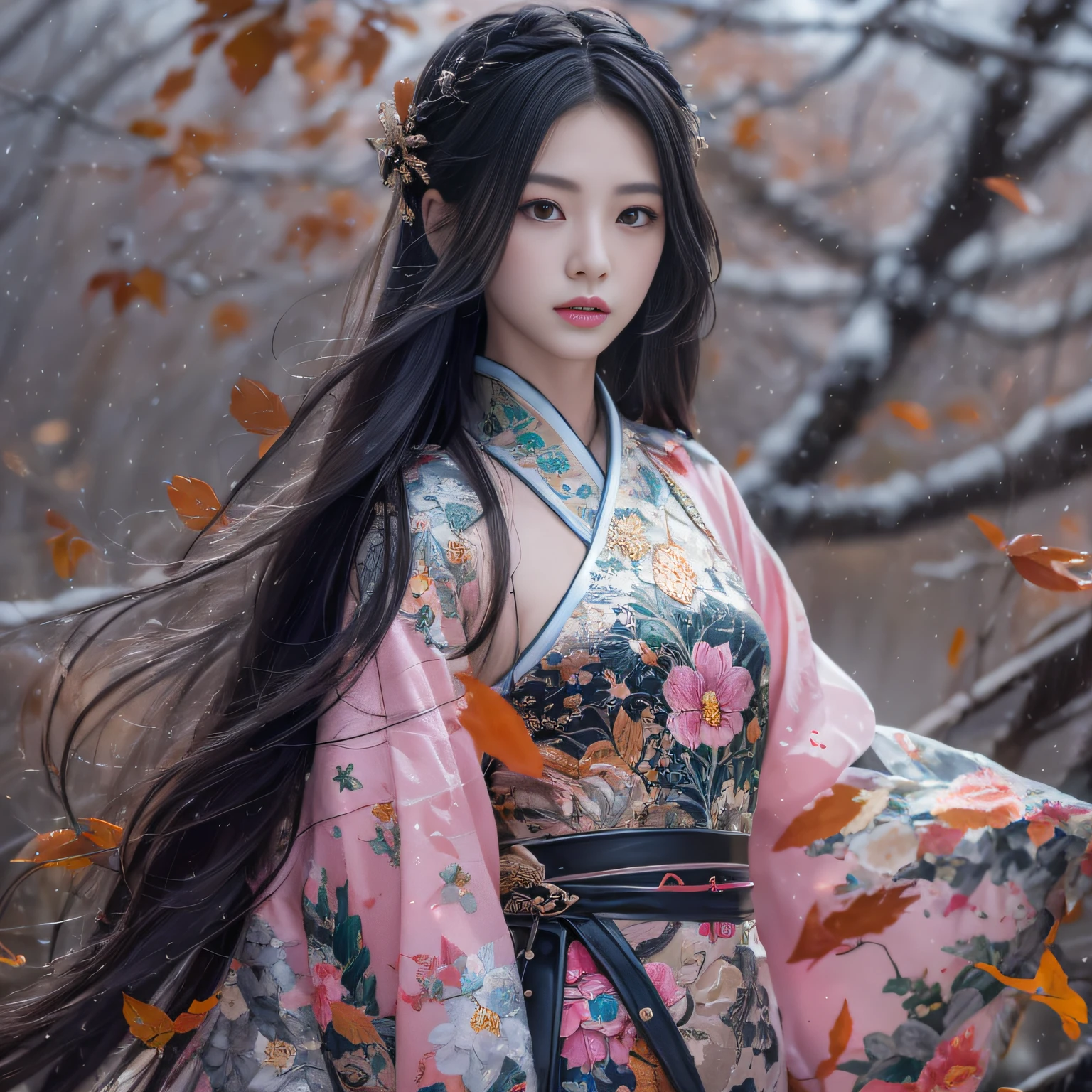 32K（tmasterpiece，k hd，hyper HD，32K）Long flowing black hair，ponds，zydink， a color，  Xuzhou people （Seduce girls）， （Red scarf in the snow）， Combat posture， looking at the ground， long whitr hair， Floating hair， Carp pattern headdress， Chinese long-sleeved silver cheongsam， （Abstract gouache splash：1.2）， Pink petal background，Forget the flowers flying（realisticlying：1.4），Black color hair，Fallen leaves flutter，The background is pure， A high resolution， the detail， RAW photogr， Sharp Re， Nikon D850 Film Stock Photo by Jefferies Lee 4 Kodak Portra 400 Camera F1.6 shots, Rich colors, ultra-realistic vivid textures, Dramatic lighting, Unreal Engine Art Station Trend, cinestir 800，Long flowing black hair，see-through transparent clothes