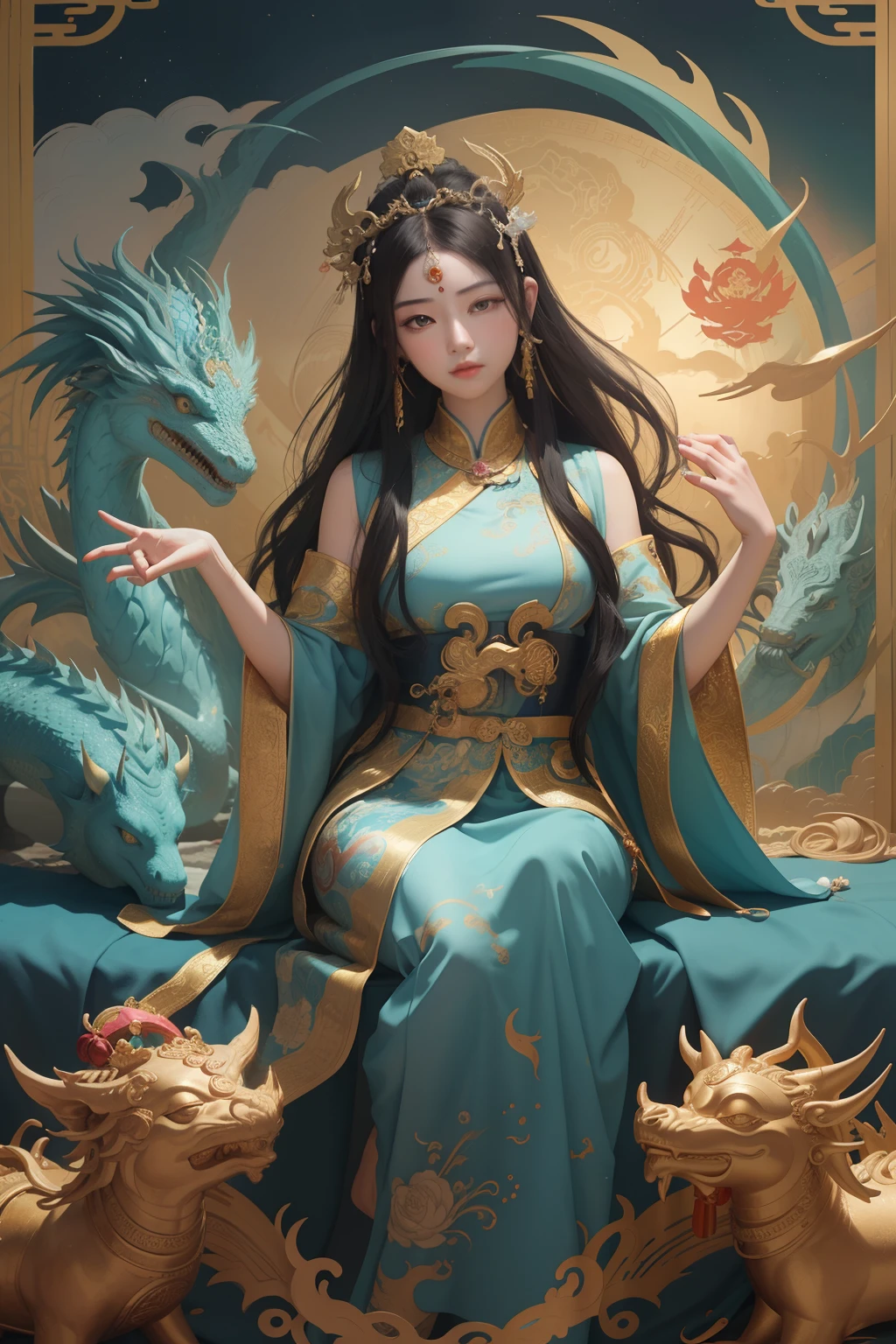 an ancient Chinese goddess, guanyin of the southern seas, Guanyin, Inspired by China, Avalokiteshvara rides a dragon,,Serene expression,shui mo hua,Buddha,Buddhist,Lotus,Chinese painting style,Thangka style
