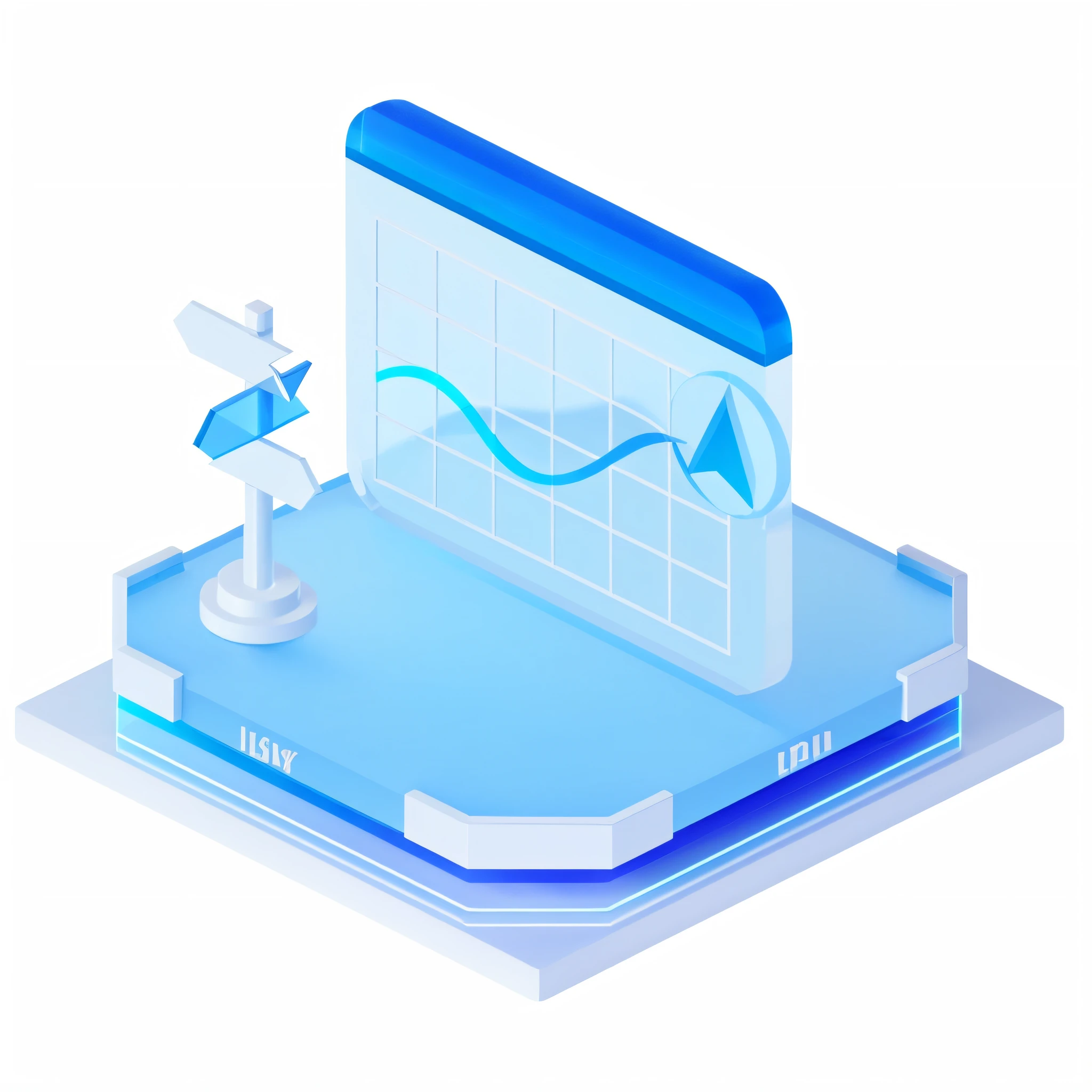 Close-up of laptop with blue screen and blue arrow，prerendered isometric graphics，3D isometric projection，Depicted as a 3D rendering，Isometric 8K，isometric design，Isometric style，Stylized 3D graphics，isometric illustration。