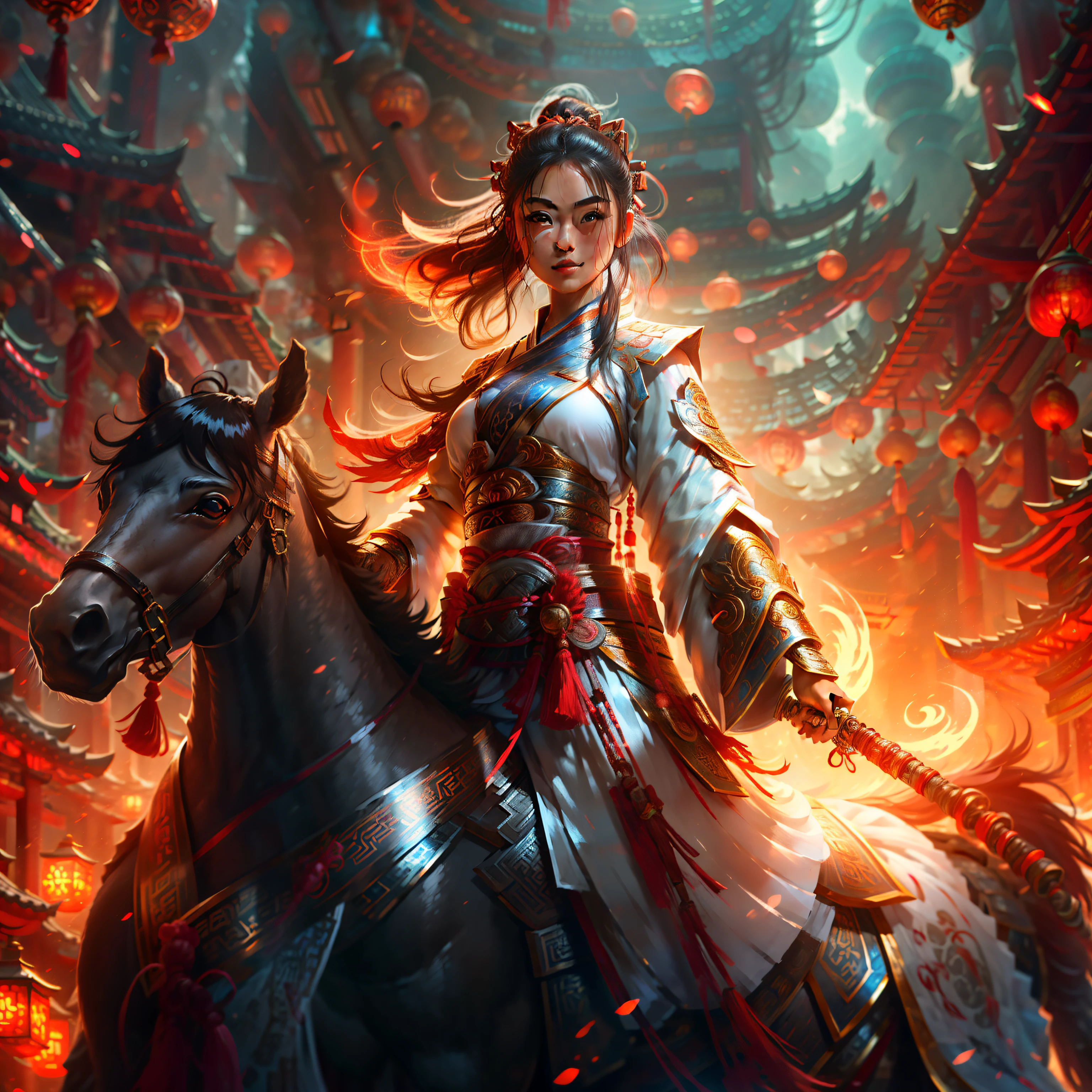 A beautiful Chinese girl on a horse,Apricot eyebrows,Smile confidently,Slightly bloodstained on his face。The girl saber at her waist,Bundle high ponytail,The hair is black,No hair ornaments on the head,Wearing black Hanfu,Hanfu style is simple,Wear armor。Girl in winter ancient Chinese battlefield,There are tall mountains in the distance