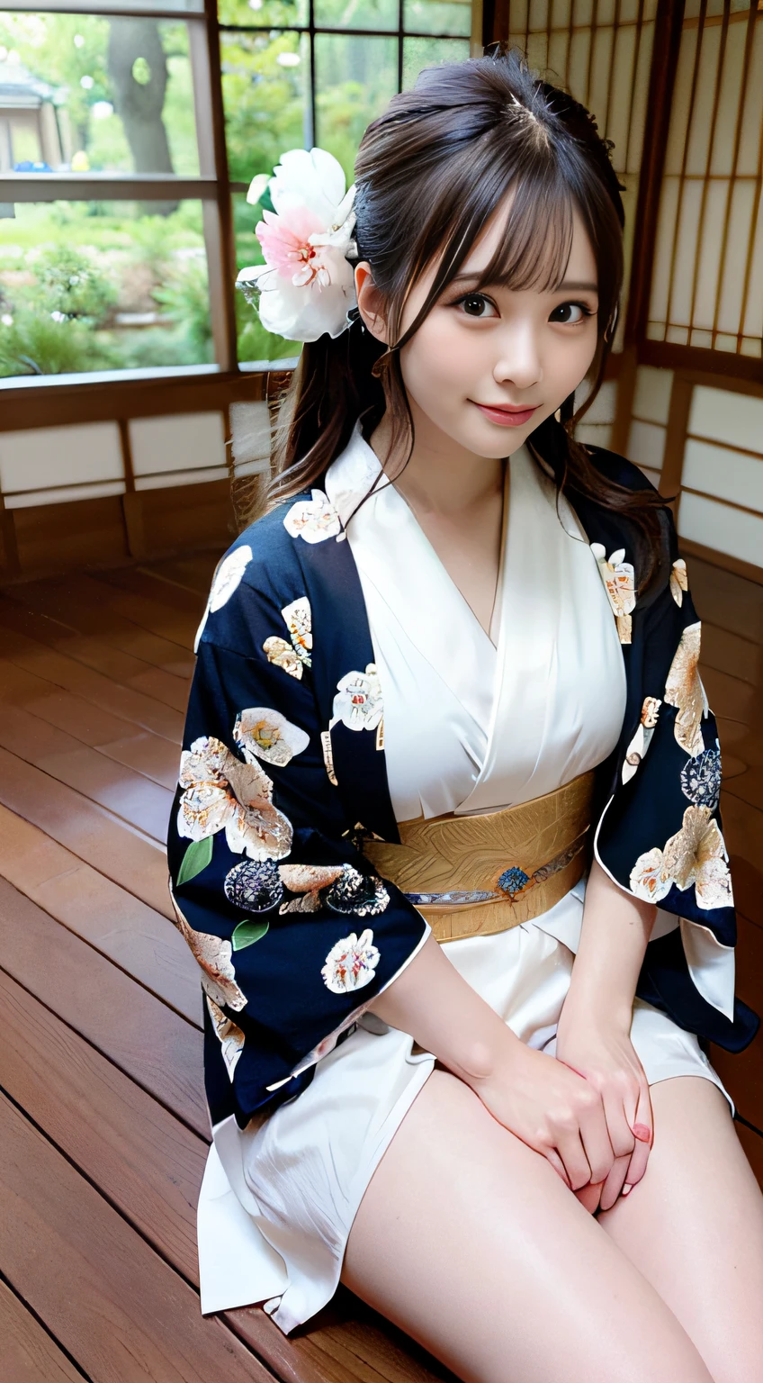 tits out、(Photorealsitic:1.4), (Top image quality:1.0), (超A high resolution:1.0), 8K, Raw photography, (​masterpiece:0.2), (pureerosface_v1:0.5)、(Best Quality Detail:1.2)、realisitic、8K UHD、hight resolution、(1girl in:1.2)、The ultra-detailliert、High quality textures、intricate detailes、micromini、thighs thighs thighs thighs、large full breasts、Wide open chest、detaileds、Very detailed CG、High quality shadows、Detail Beautiful delicate face、Detail Beautiful delicate eyes、depth of fields、Ray traching,1girl in, japanaese girl, Cute, slender, appearance々Kimono with design, Kimono with Japanese pattern,Floral scrunchie, Beautiful skin, Facing the front,Sit down, Sit upright and say thank you,Align your hands elegantly,Smile faintly The Land of Japan,Japanese garden,Luxury Japanese-style room, skyporn, Magic Hour, (Realistic:1.3), Finely detailed, quality, (masutepiece:1.2), (Photorealistic:1.2), (Best Quality), (Intricate details), Dramatic, Ray tracing, photograph, +Lola